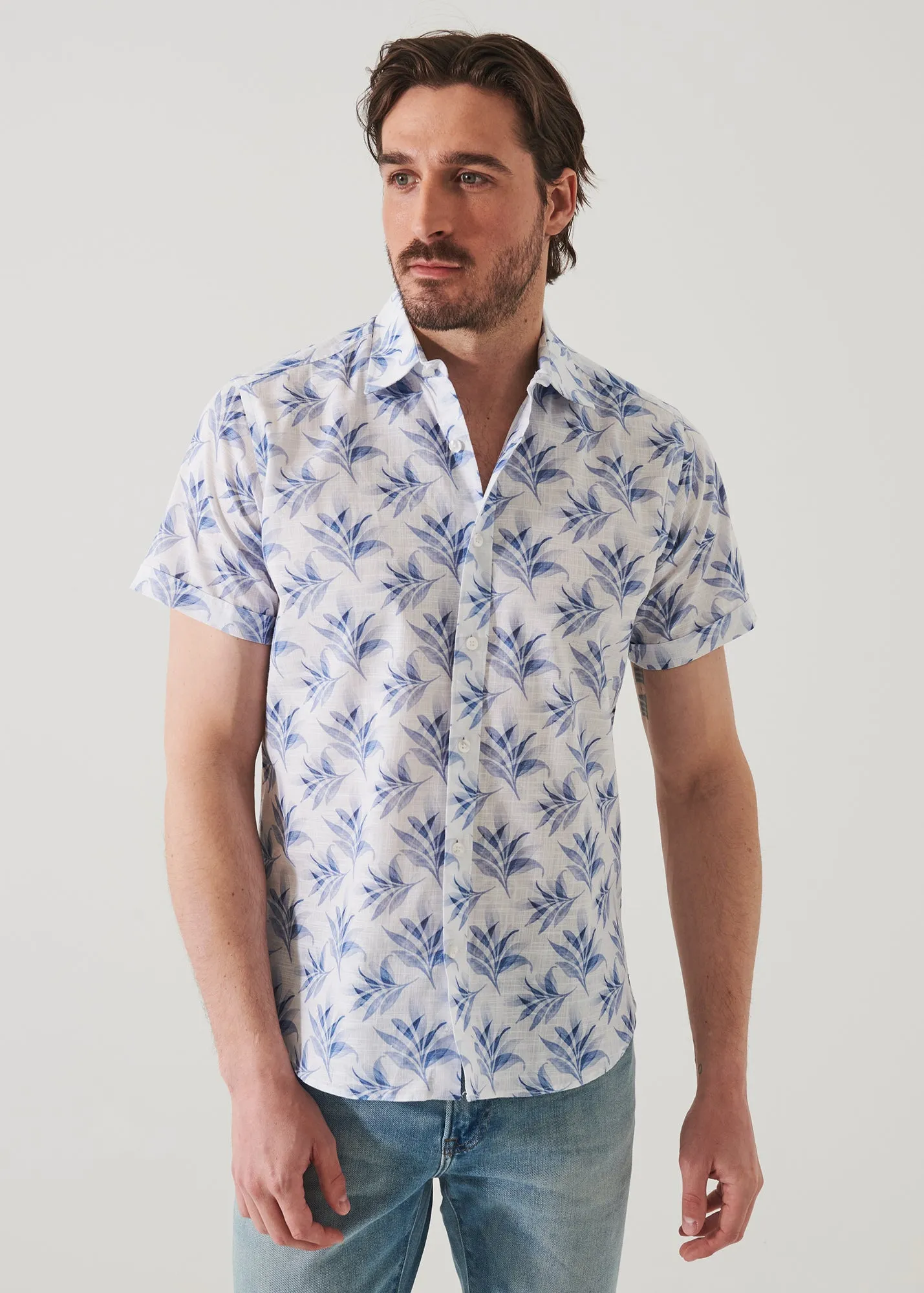 LEAF PRINT COTTON SHORT SLEEVE SHIRT