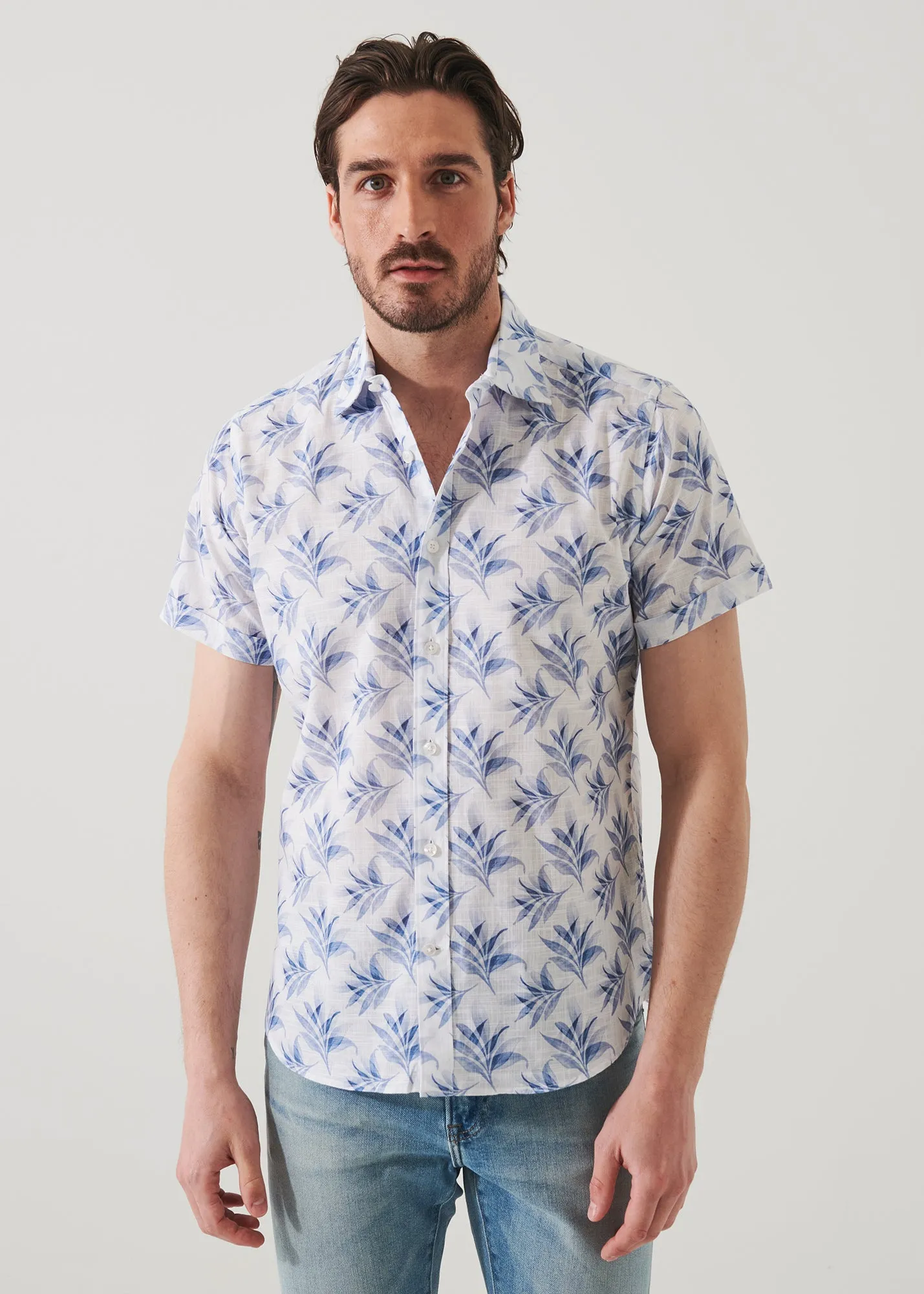 LEAF PRINT COTTON SHORT SLEEVE SHIRT