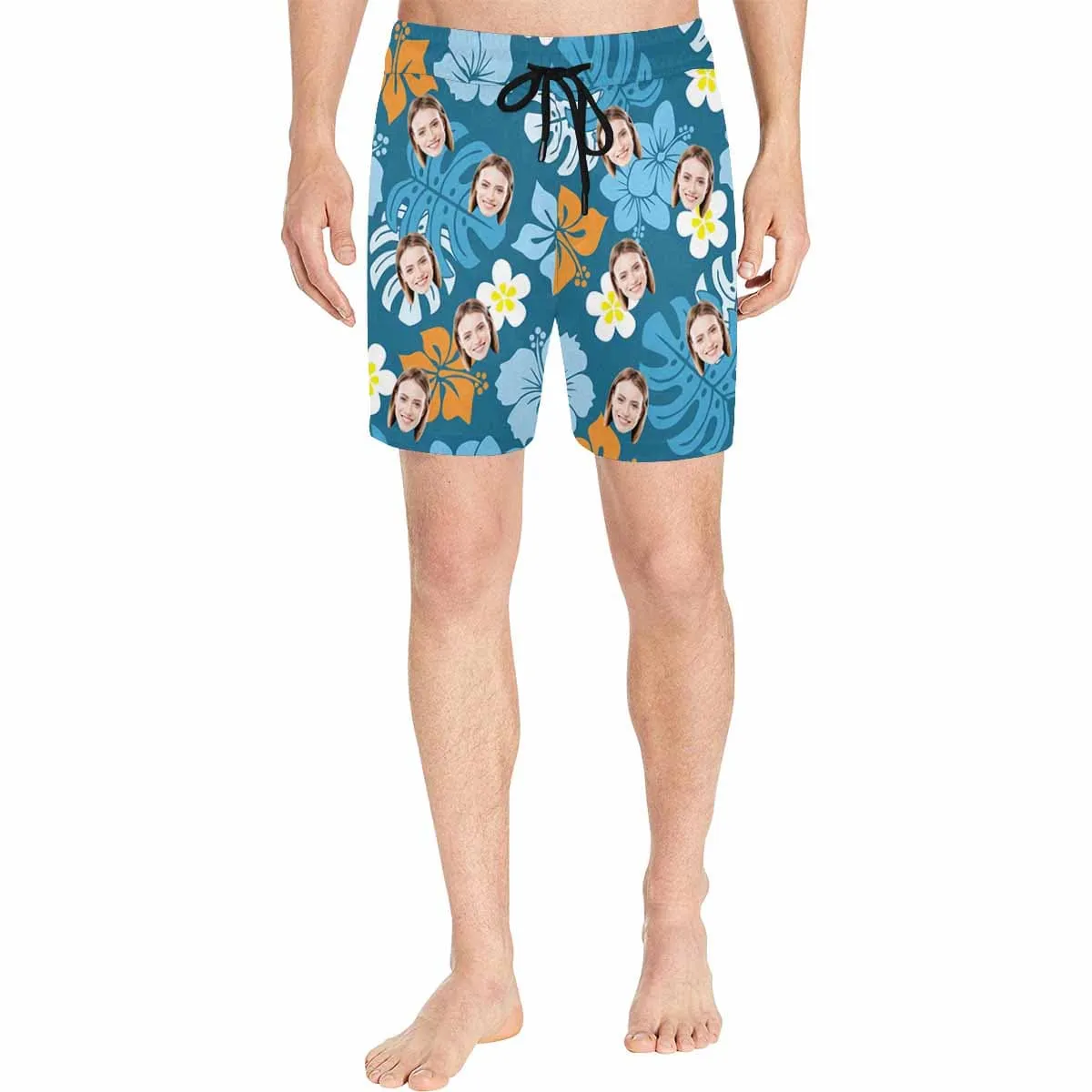 Personalized Swim Trunks Custom Face Blue Flowers Men's Quick Dry Swim Shorts Beach Swimsuit