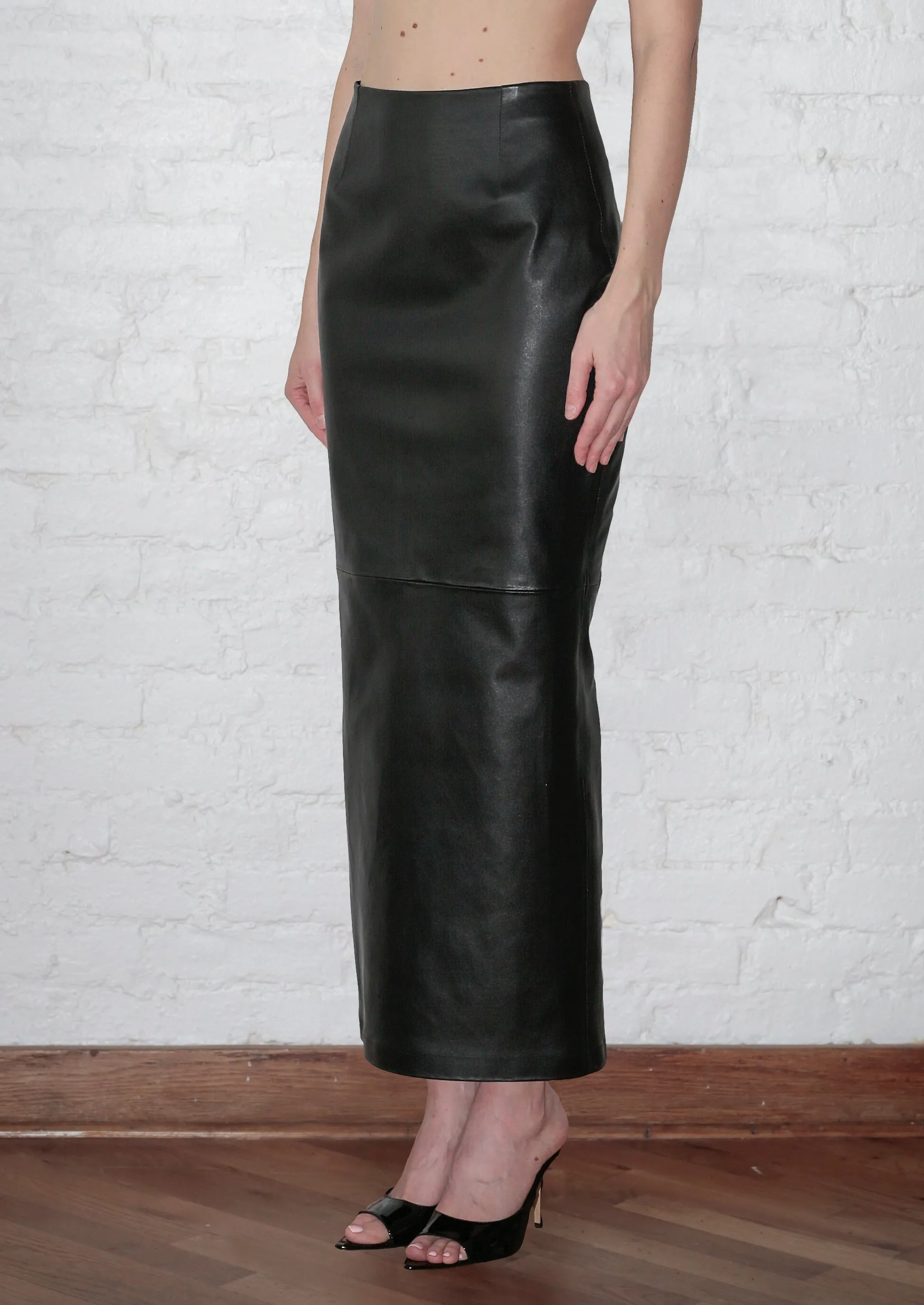 Linear Floor Length Skirt in Stretch Leather