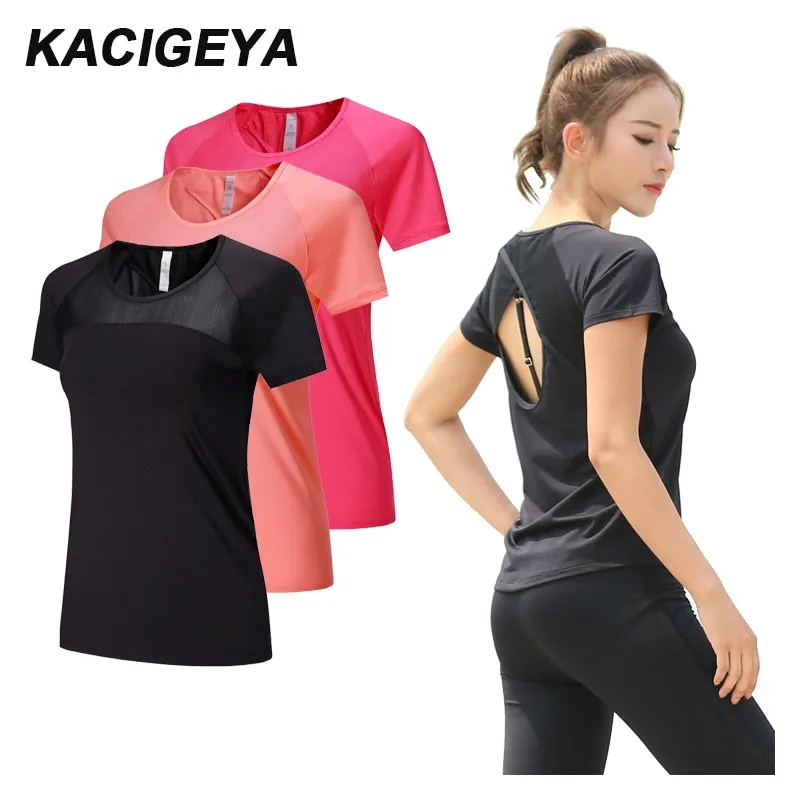 Yoga Mesh Shirts Quick dry Fitness Sports Gym Clothes Female Running Short Sleeve Sexy Hollow Back Female Sport T Shirt Running