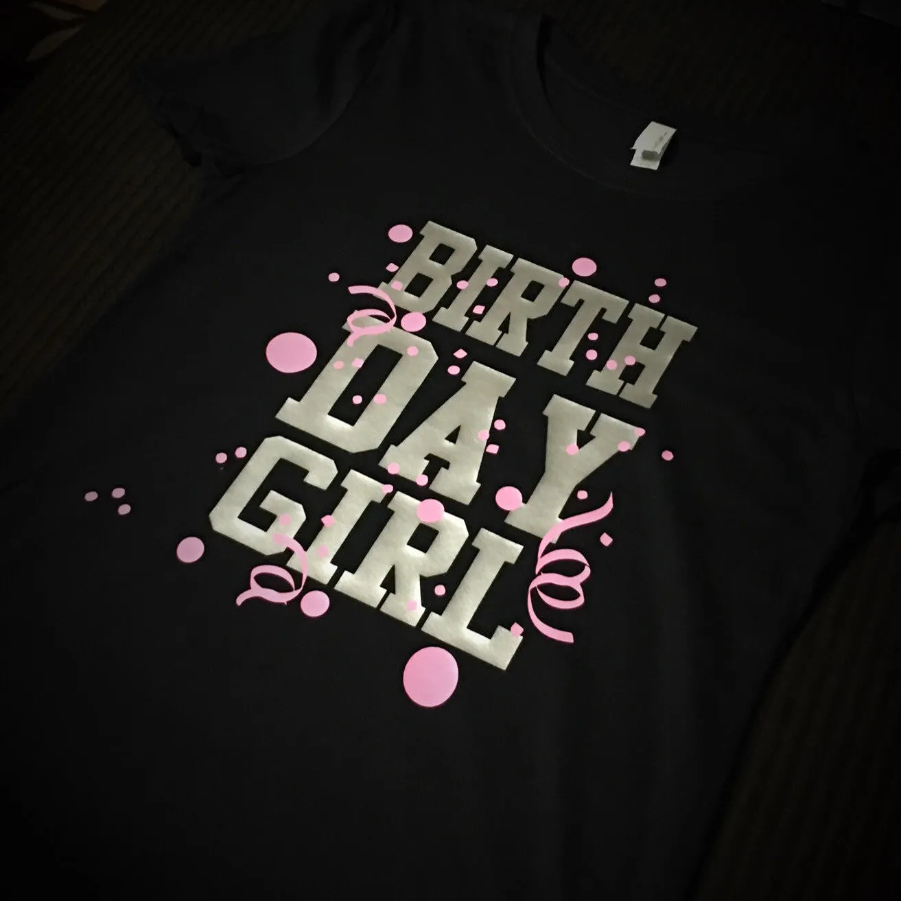 Birthday Girl T-Shirt (Black with Silver and Light Pink Graphics)