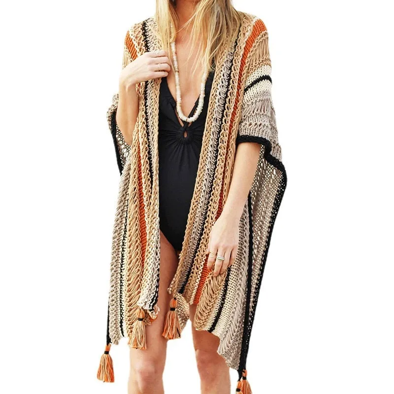 Boho Ruana Rust Beige Black Open Knit Beach Poncho With Tassels Great As A Bikini Cover Or As A Bohemian Light Sweater With Jeans And Boots One Size