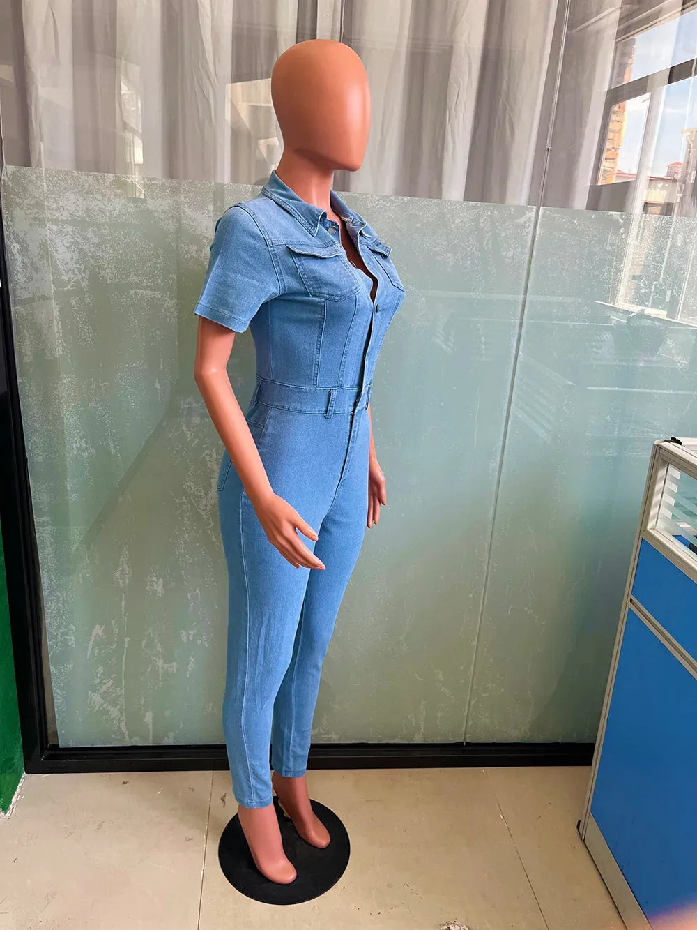 Ashoreshop   Stretch Overalls Sexy Women Turn Down Collar Elegant Blue Denim Casual Jumpsuit Rompers