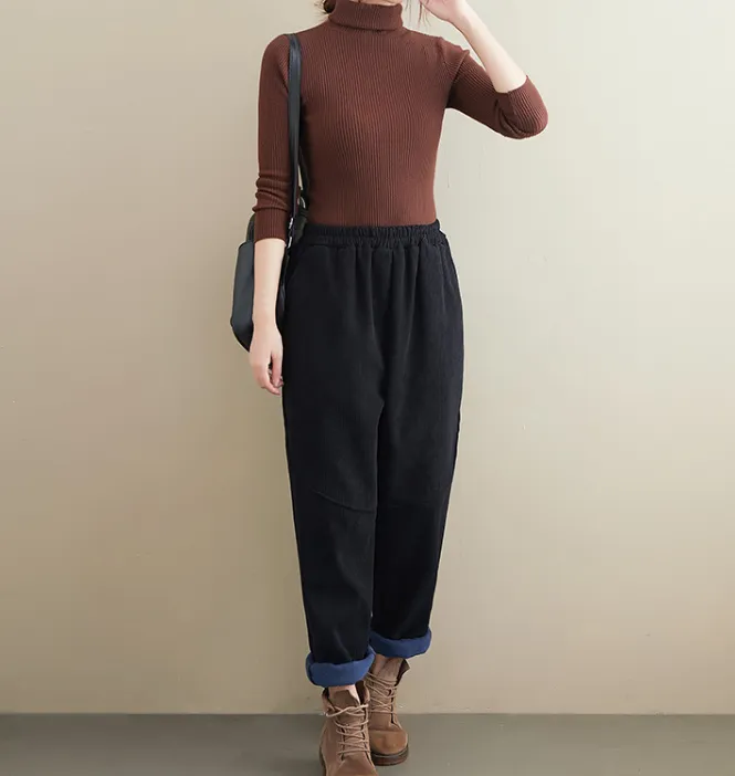 Corduroy  Stitching Harem Autumn Fleece Women Cotton Wide Leg Pants