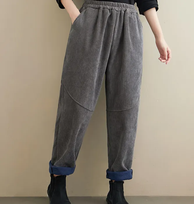 Corduroy  Stitching Harem Autumn Fleece Women Cotton Wide Leg Pants