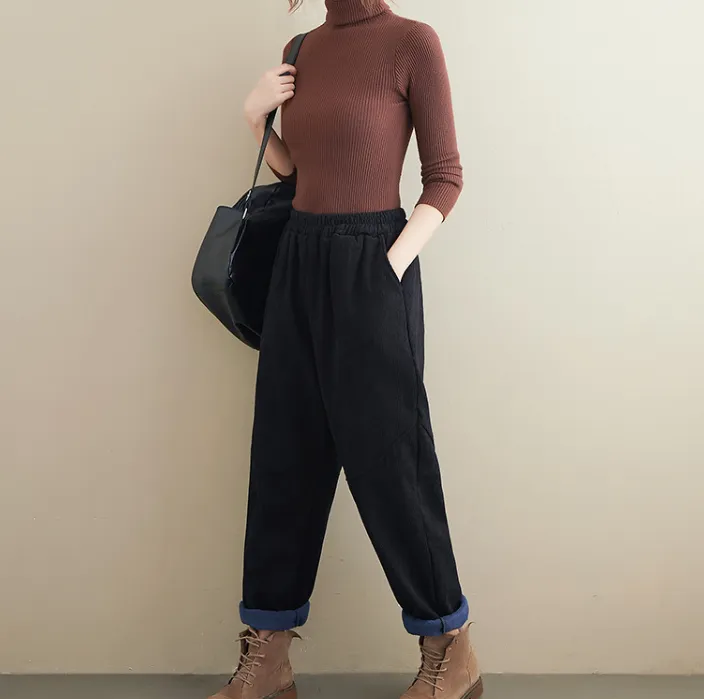 Corduroy  Stitching Harem Autumn Fleece Women Cotton Wide Leg Pants