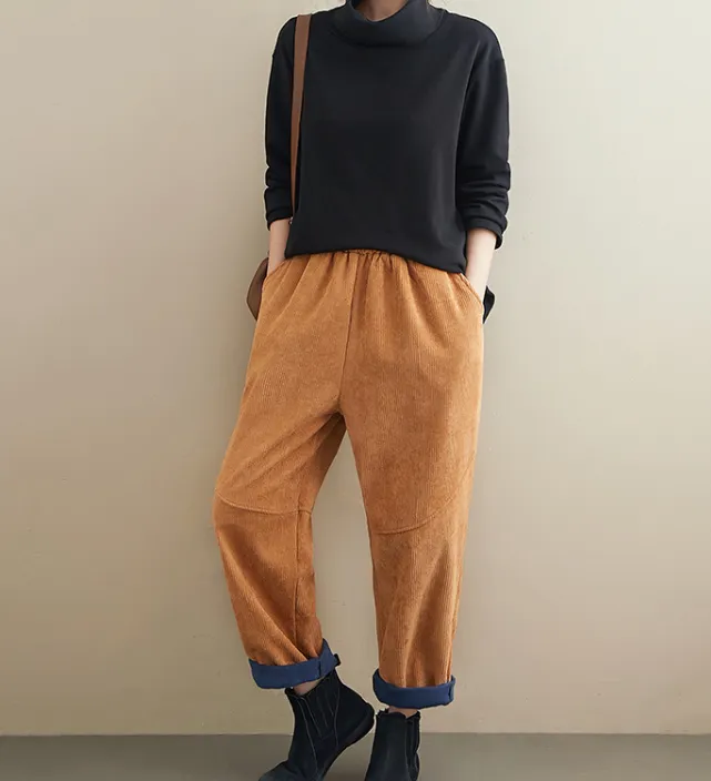 Corduroy  Stitching Harem Autumn Fleece Women Cotton Wide Leg Pants