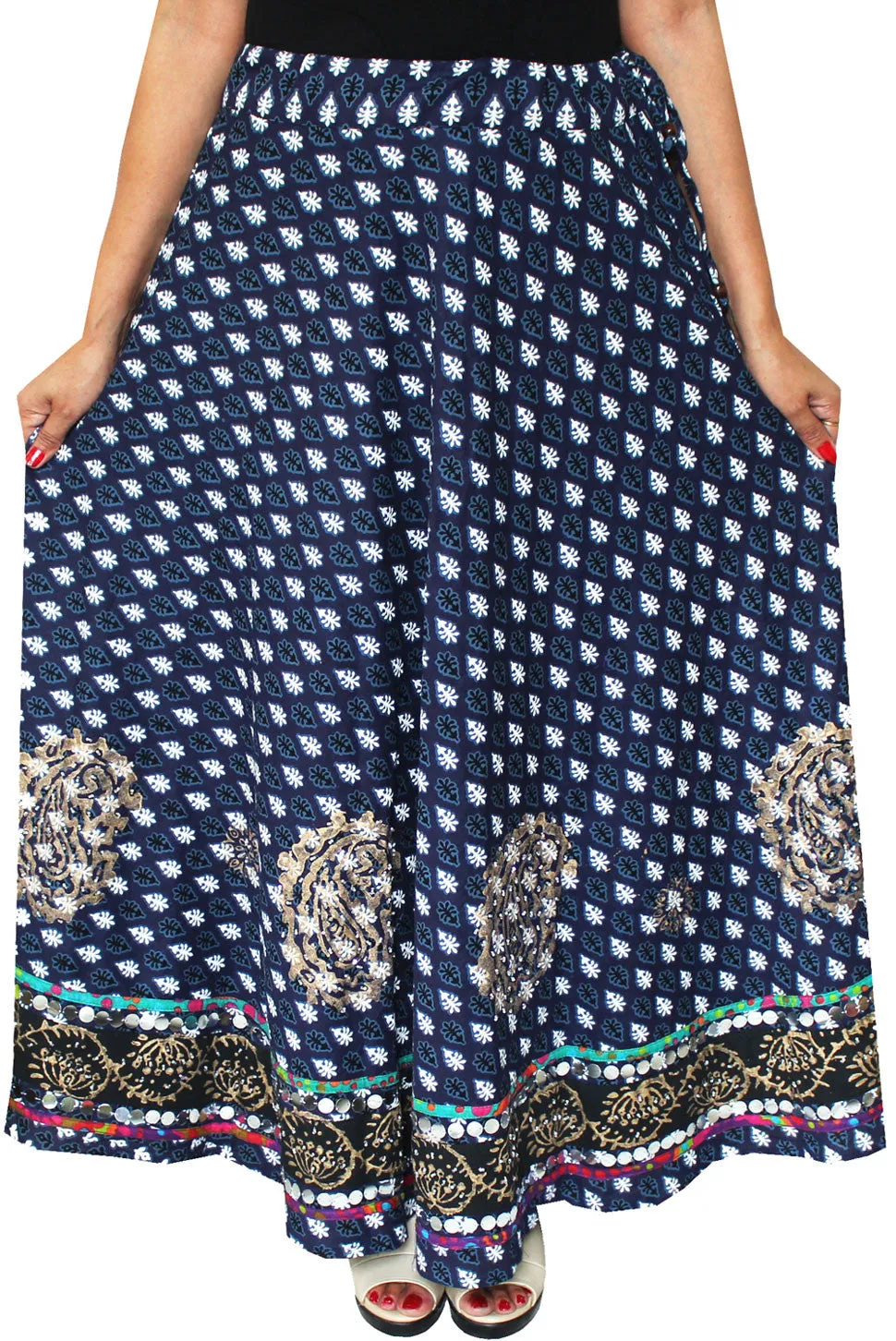 Long Indian Skirt Cotton Block Printed Womens India Clothing (Blue)