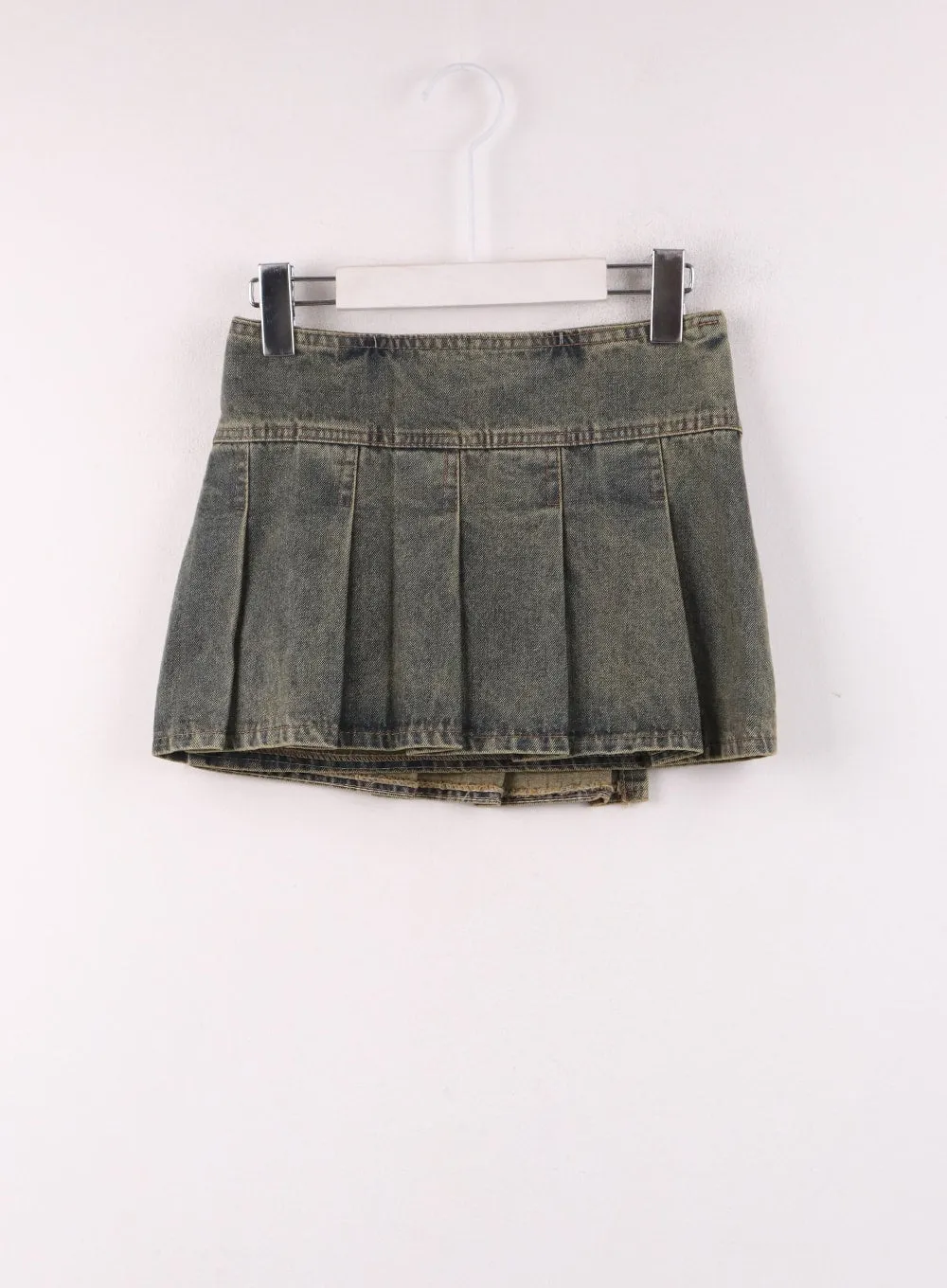 Unbalanced Denim Pleated Mini Skirt IJ430