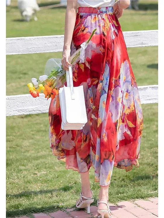 Boho Style Chiffon Floral Print Maxi Skirt for Women