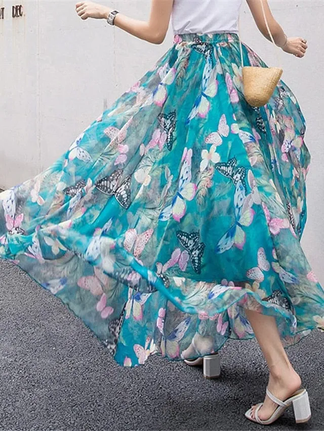 Boho Style Chiffon Floral Print Maxi Skirt for Women