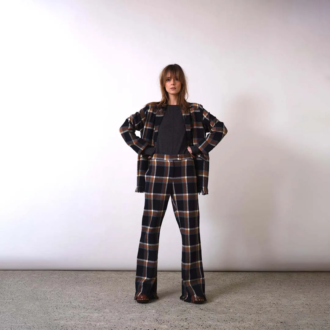 FRINGED TARTAN PANTS BLACK