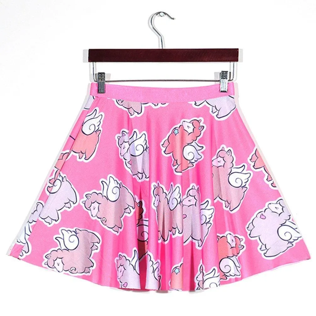 Adorable Alpaca Llama with Wings All Over Print Skirt with Elastic Waist in Pink