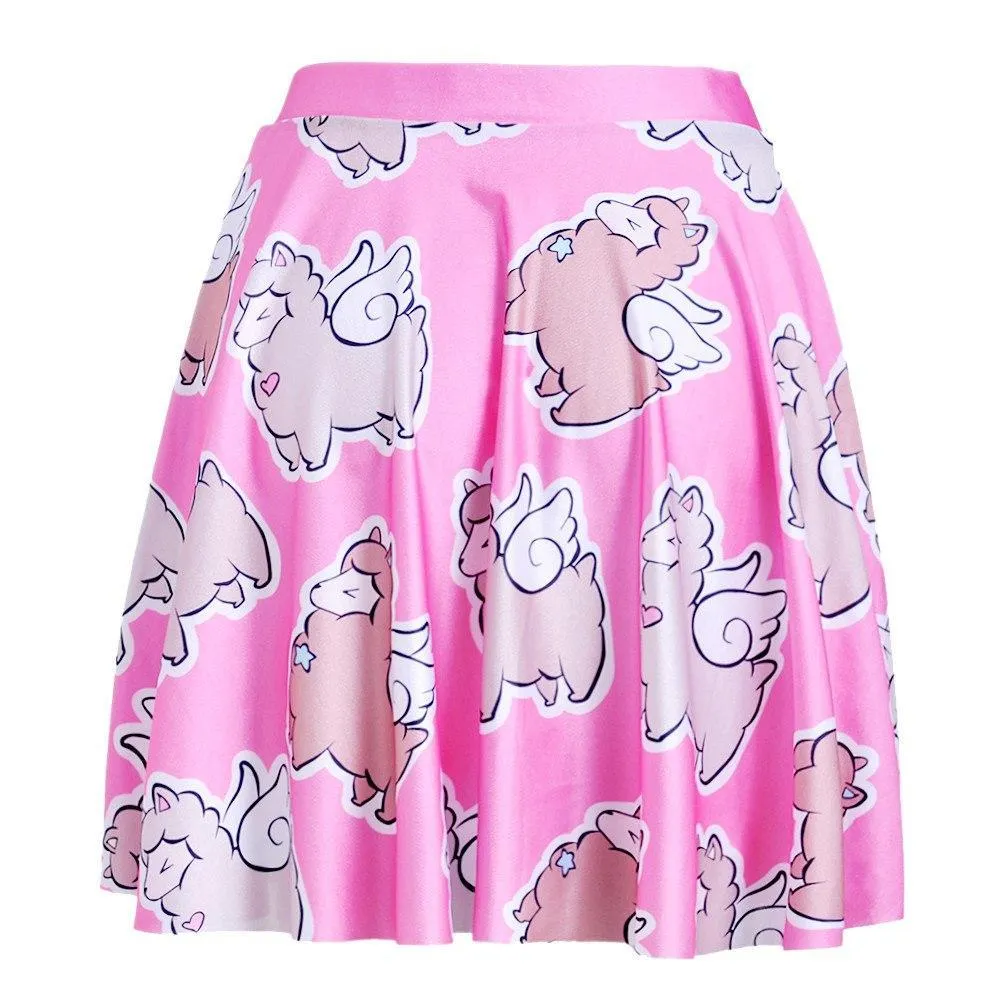 Adorable Alpaca Llama with Wings All Over Print Skirt with Elastic Waist in Pink