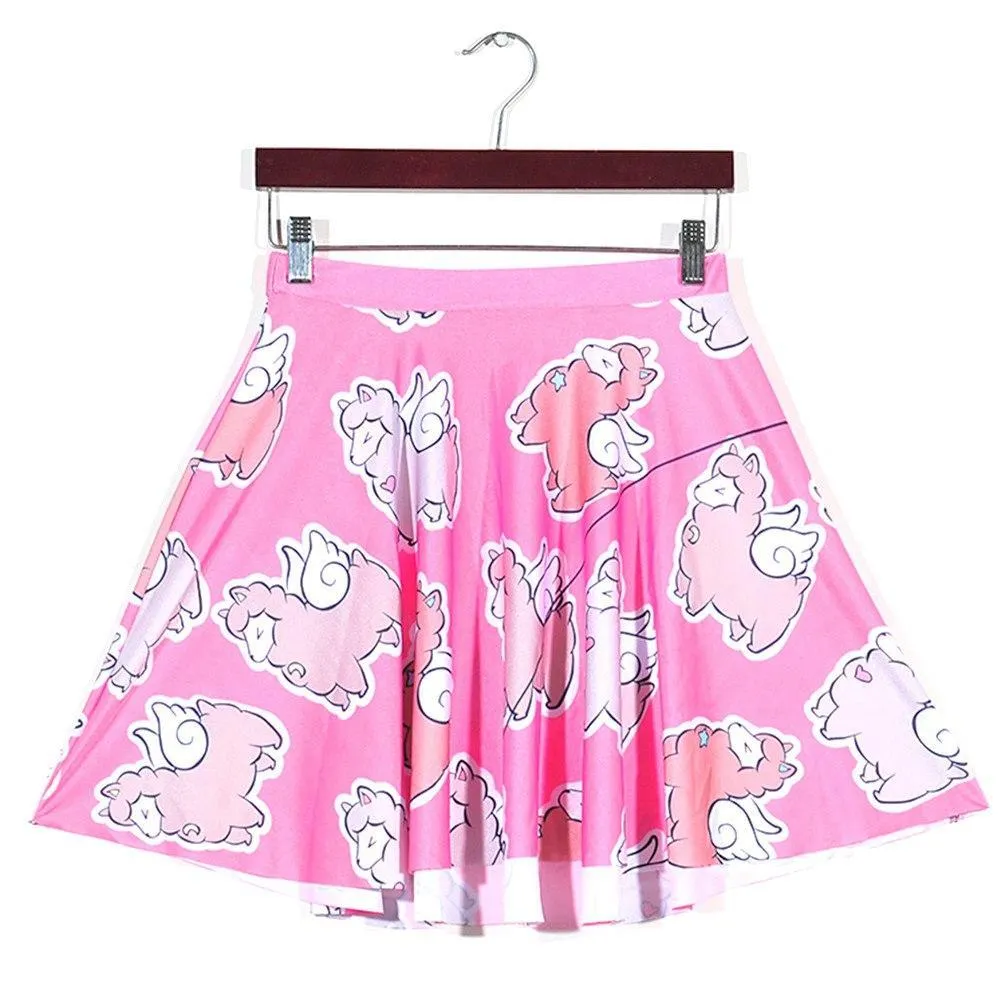 Adorable Alpaca Llama with Wings All Over Print Skirt with Elastic Waist in Pink