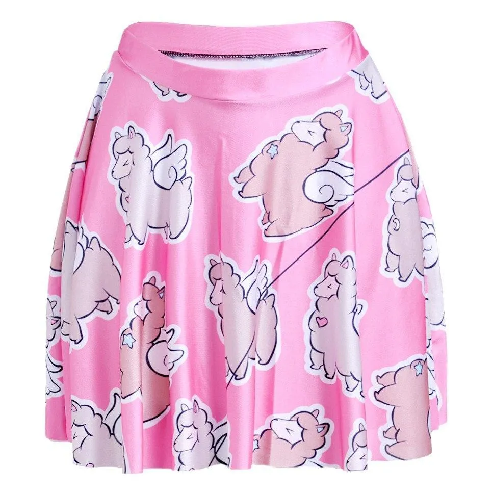 Adorable Alpaca Llama with Wings All Over Print Skirt with Elastic Waist in Pink