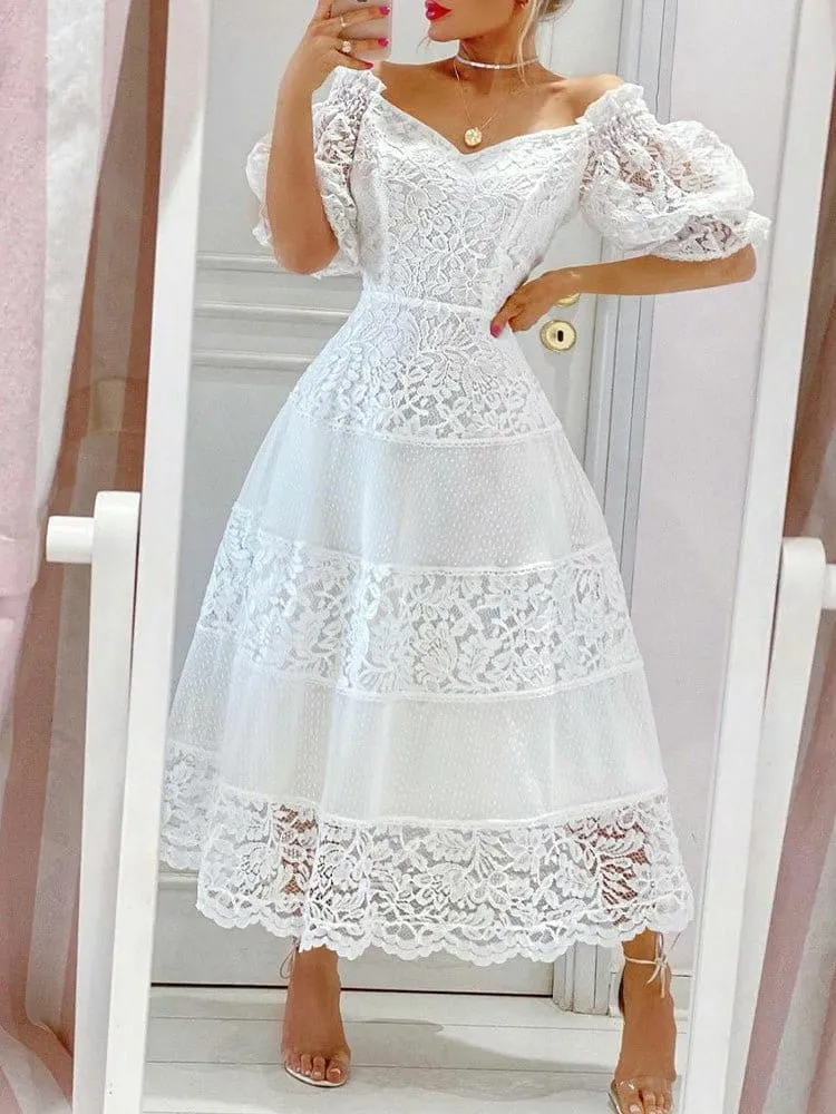 Women's Dresses V-Neck Lace Puff Sleeve Dress