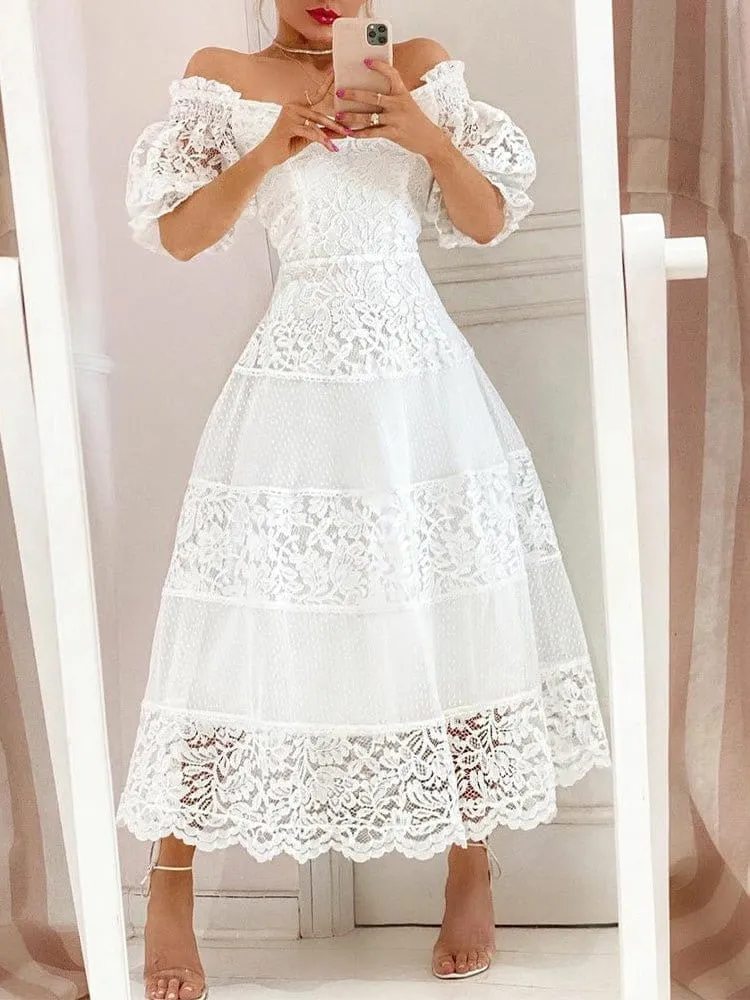 Women's Dresses V-Neck Lace Puff Sleeve Dress