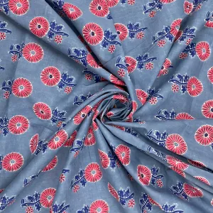 Grey Red Ajrakh Print Cotton Fabric