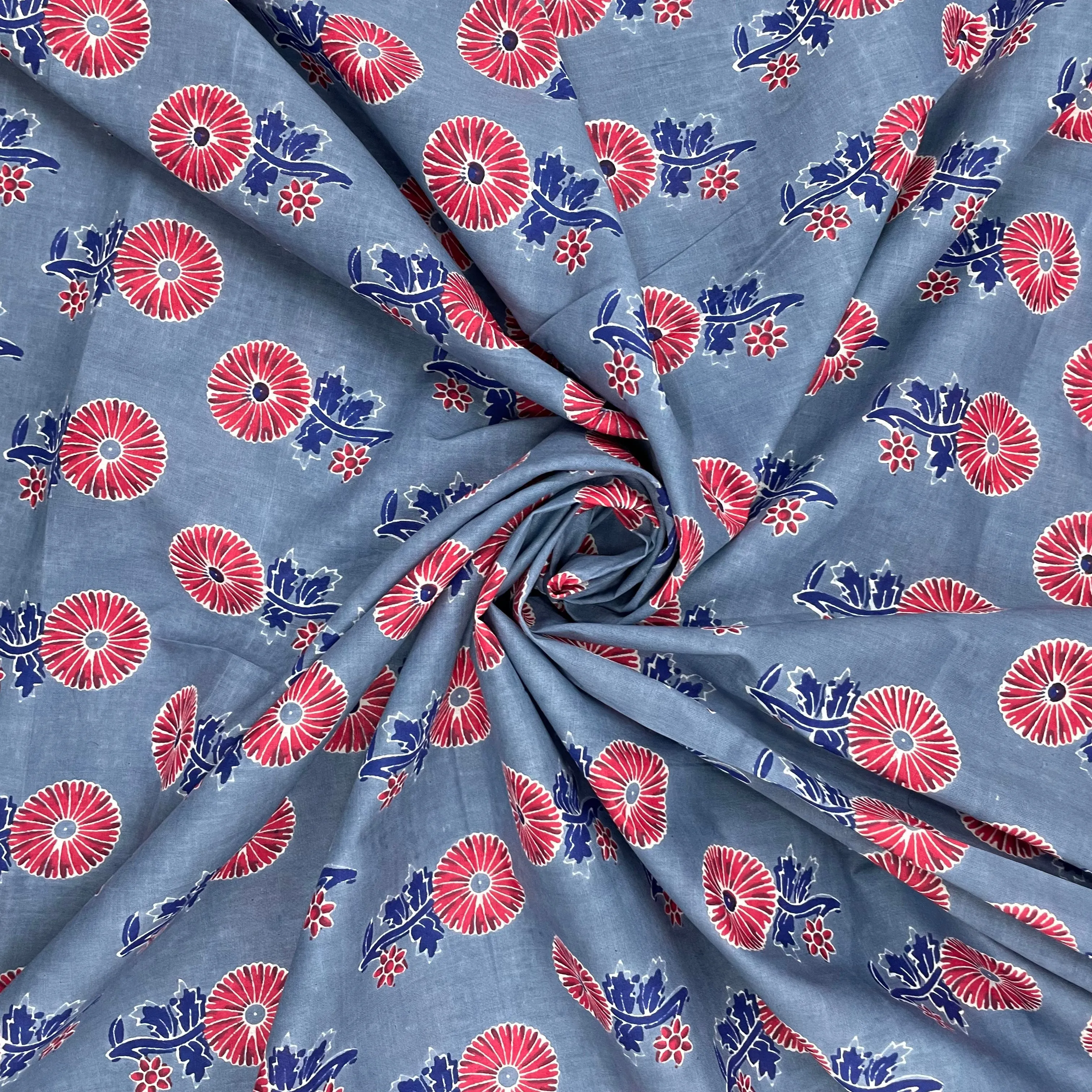 Grey Red Ajrakh Print Cotton Fabric