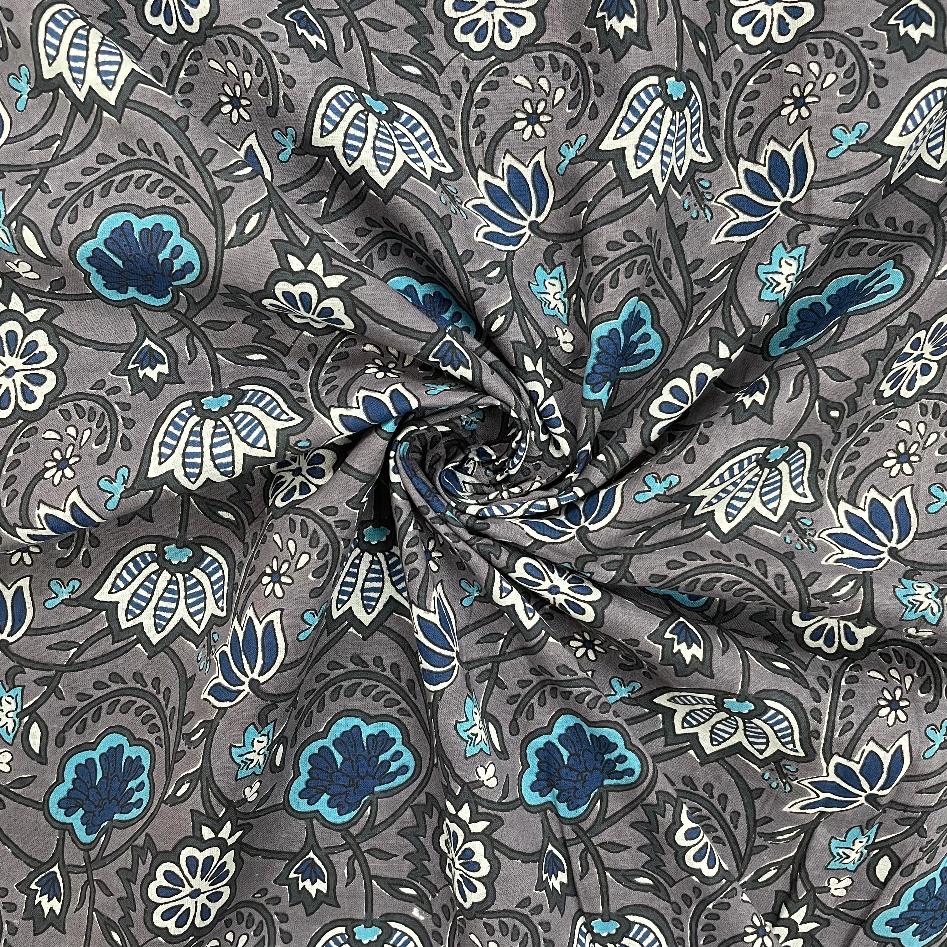 Grey With Blue Floral Print Cotton Fabric