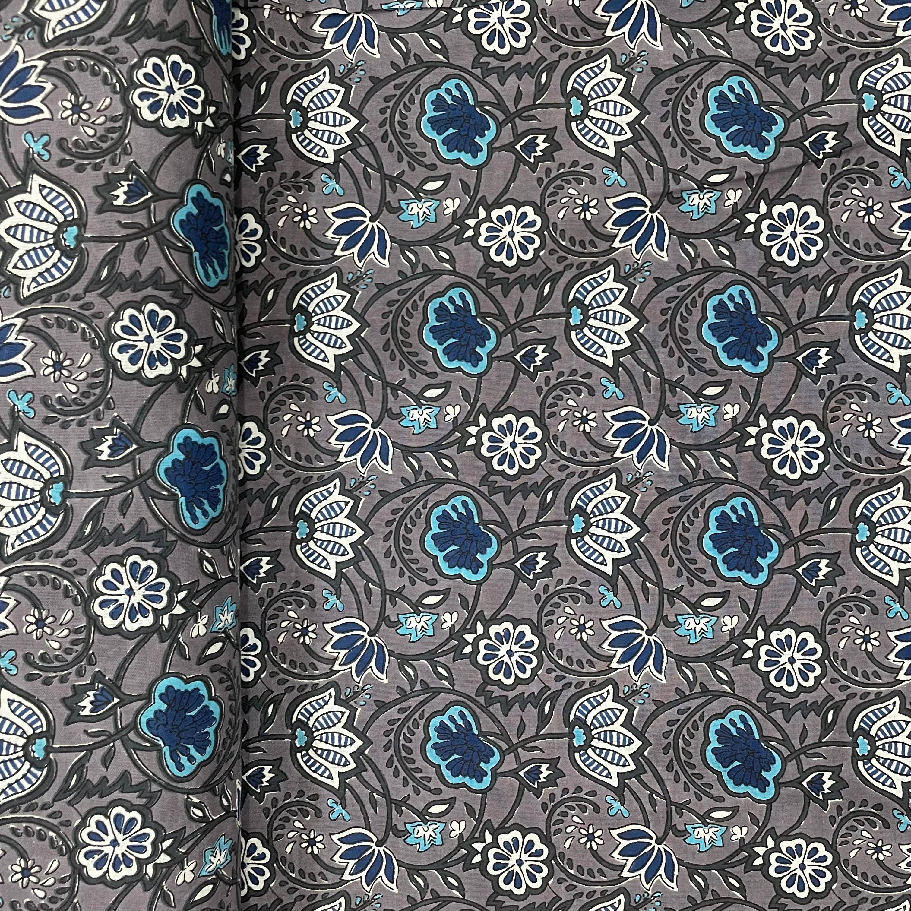 Grey With Blue Floral Print Cotton Fabric