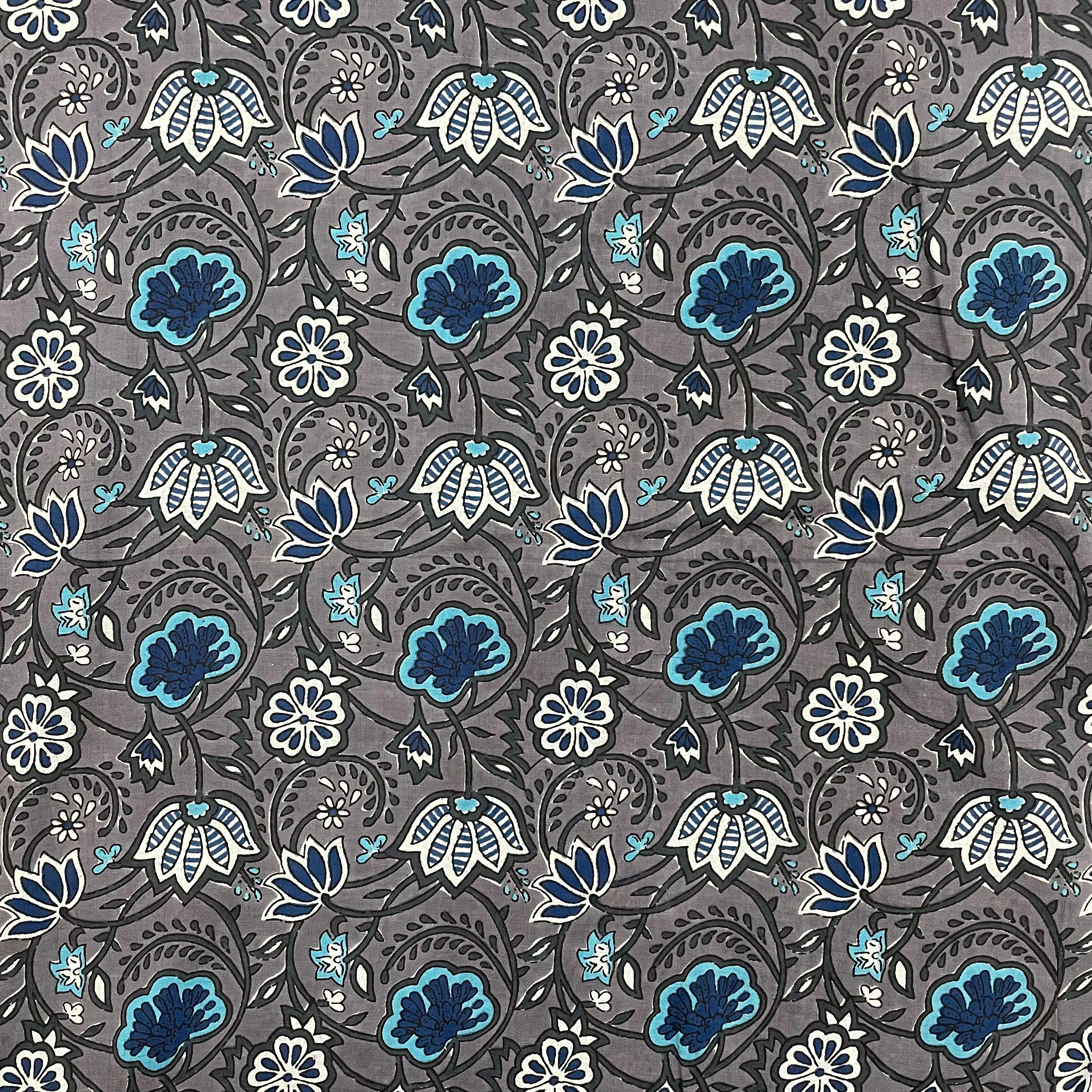 Grey With Blue Floral Print Cotton Fabric