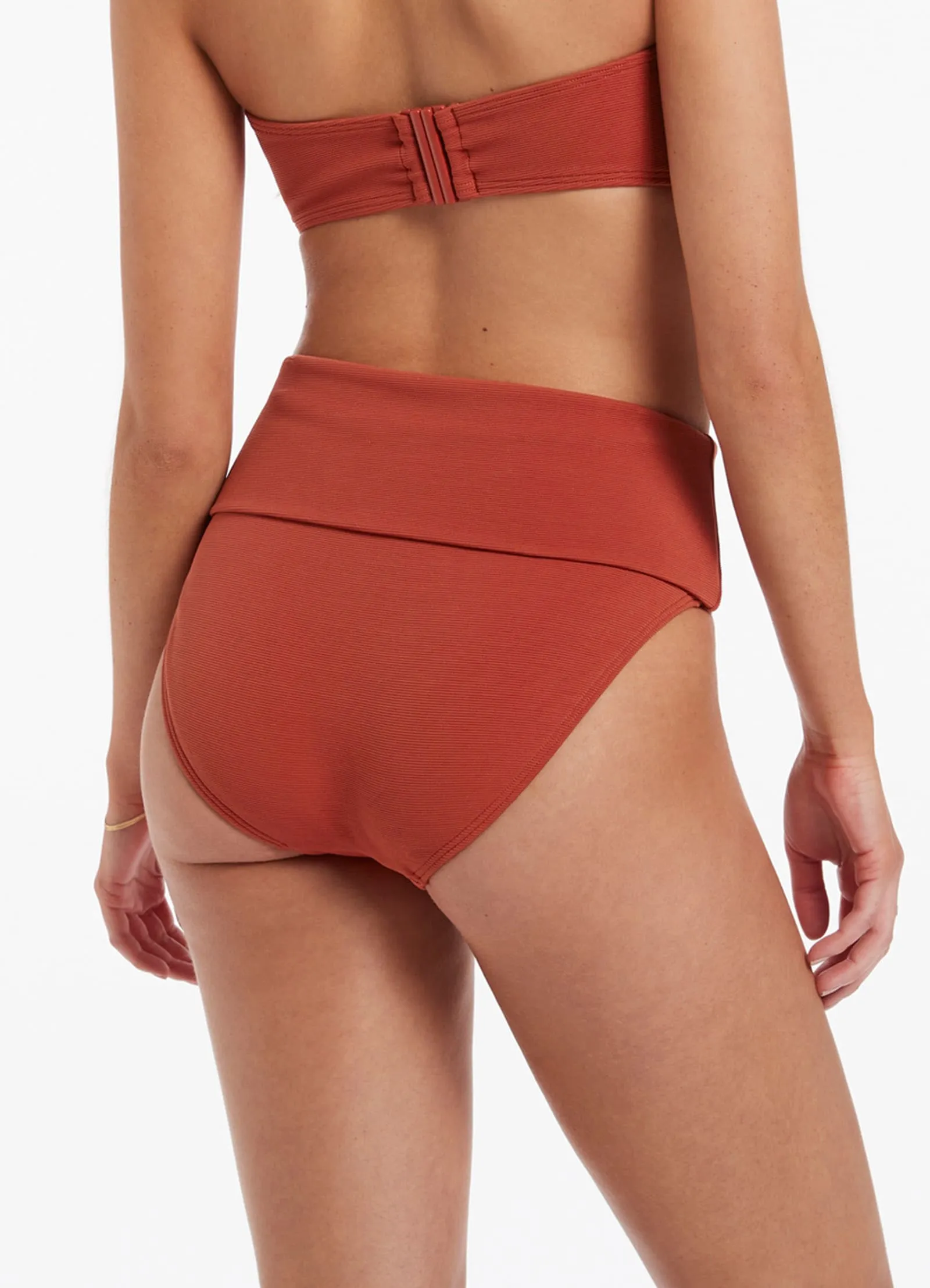 Isla Rib Fold Down High Waisted Bikini Bottom - Russet