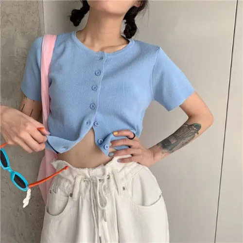 Short Sleeve Knitted Crop Top - Sky blue