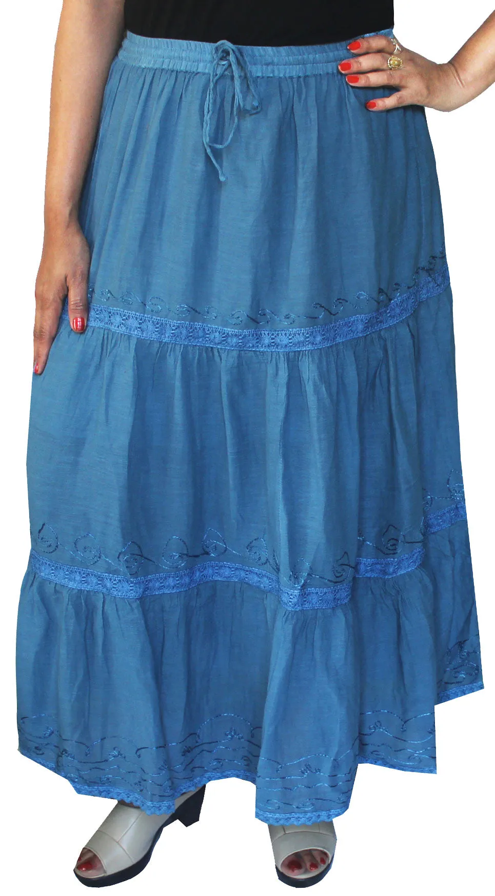 Women Solid Embroidered Cotton Skirt India Clothes (Blue)