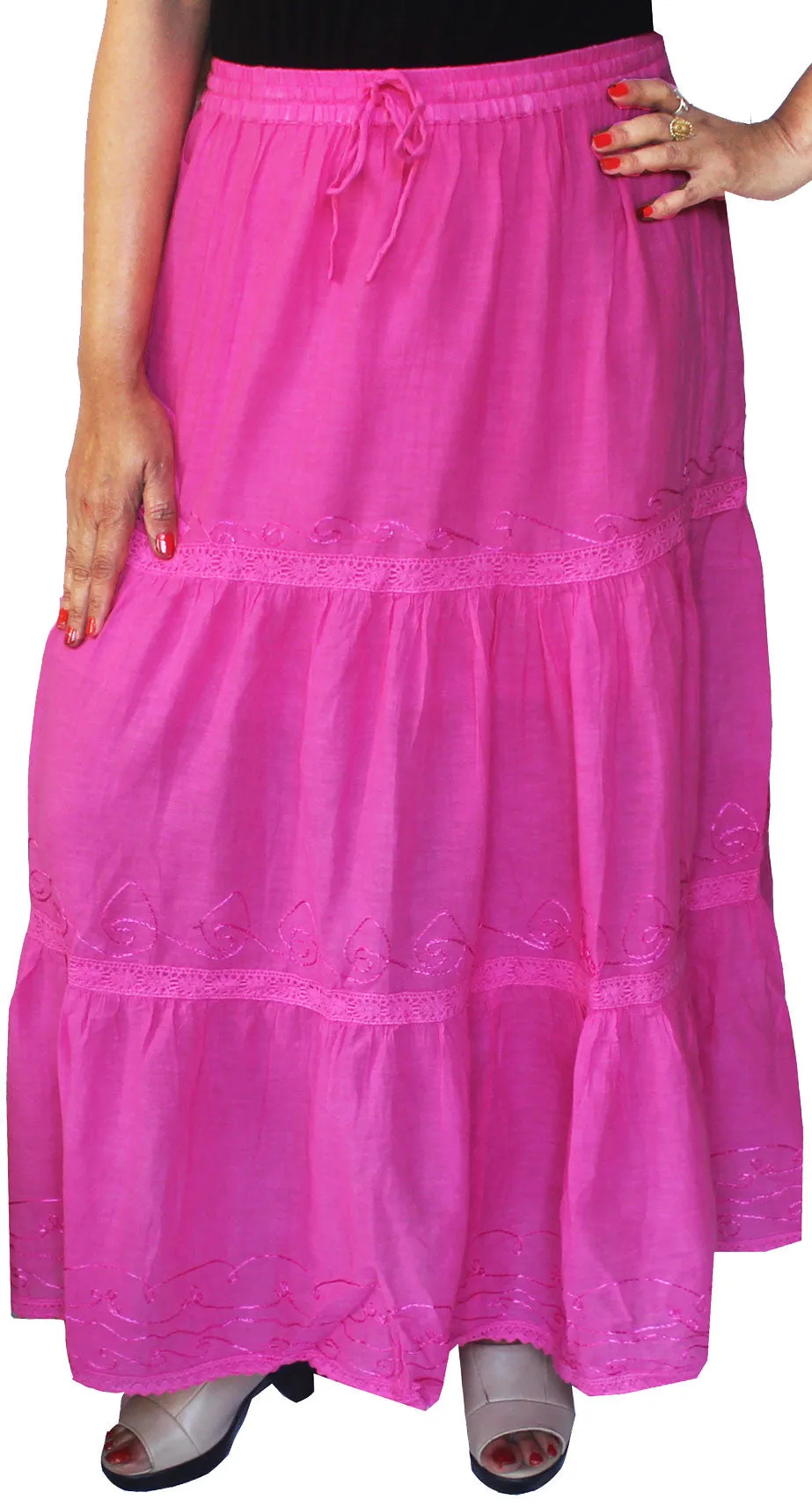 Women Solid Embroidered Cotton Long Skirt India Clothes (Pink)