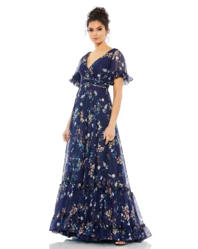 MAC DUGGAL Flounce Sleeve Floral Maxi Dress