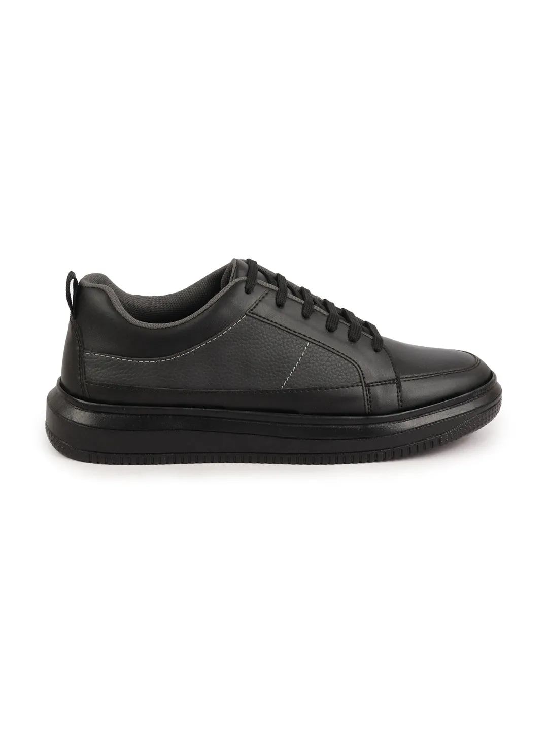 Men Black Classic Chunky Lace Up Sneaker Ankle Shoes|Walking|Low Top|Casual Shoe