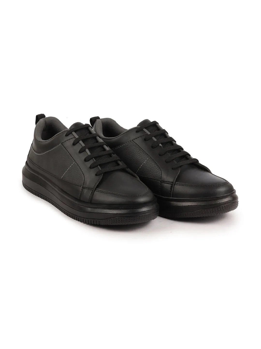 Men Black Classic Chunky Lace Up Sneaker Ankle Shoes|Walking|Low Top|Casual Shoe