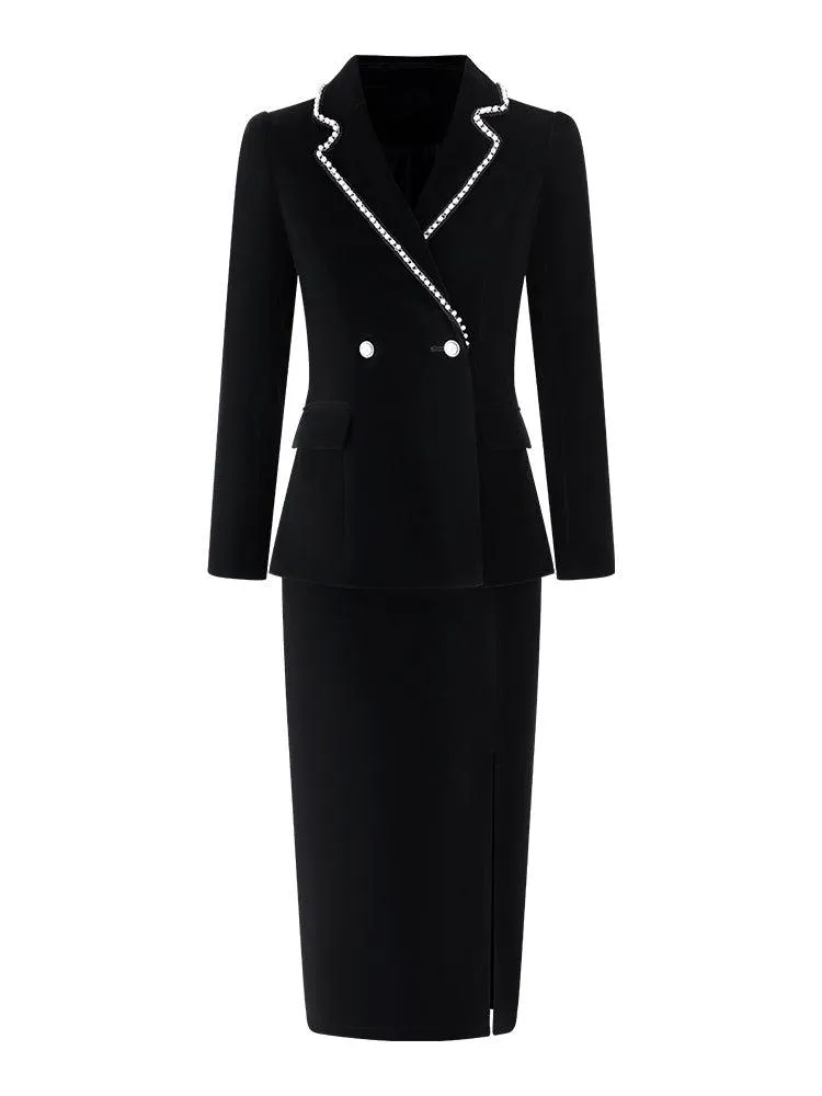 Women Black Suede Blazer Suit and Pencil Skirt Set