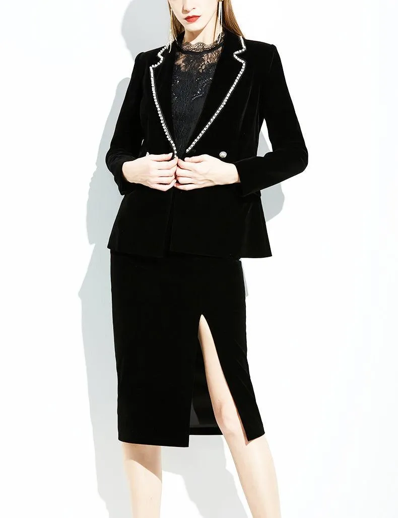 Women Black Suede Blazer Suit and Pencil Skirt Set