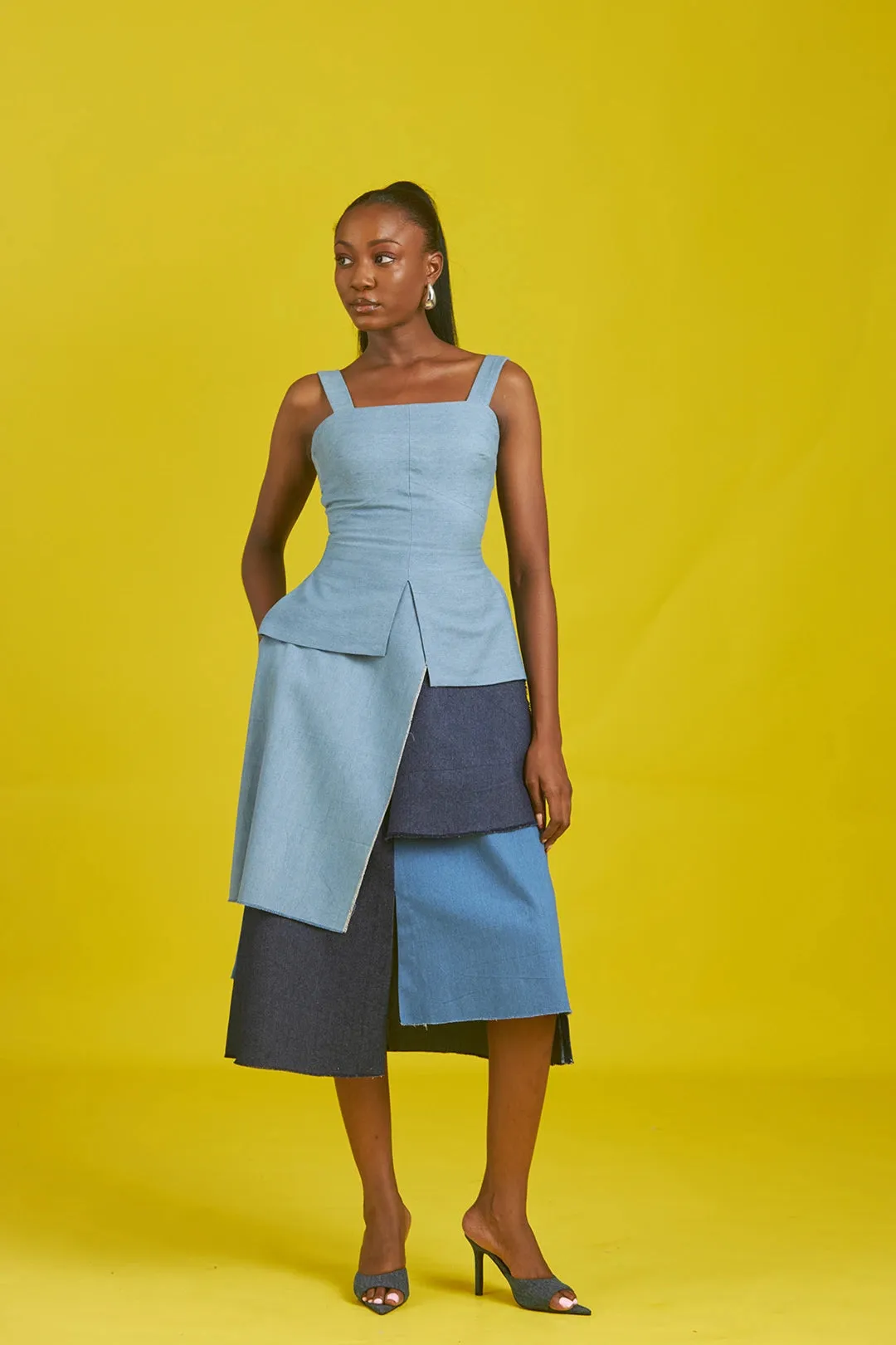 M.O.T Gola denim set, Fitted asymmetrical top with straps and Layered Aline skirt