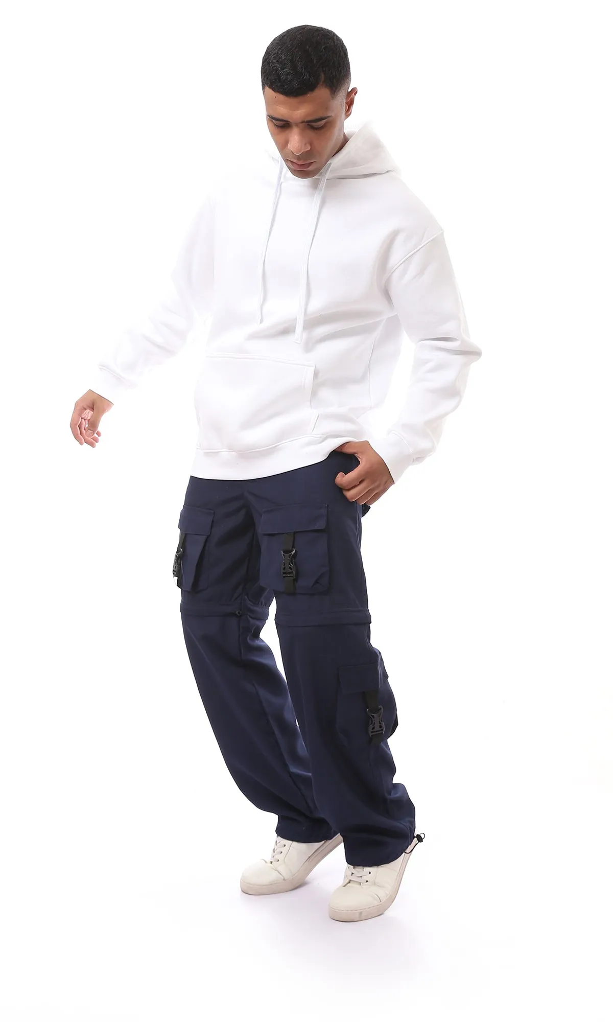 O175728 Wide Leg Navy Blue Cargo Pants With Elastic Waist