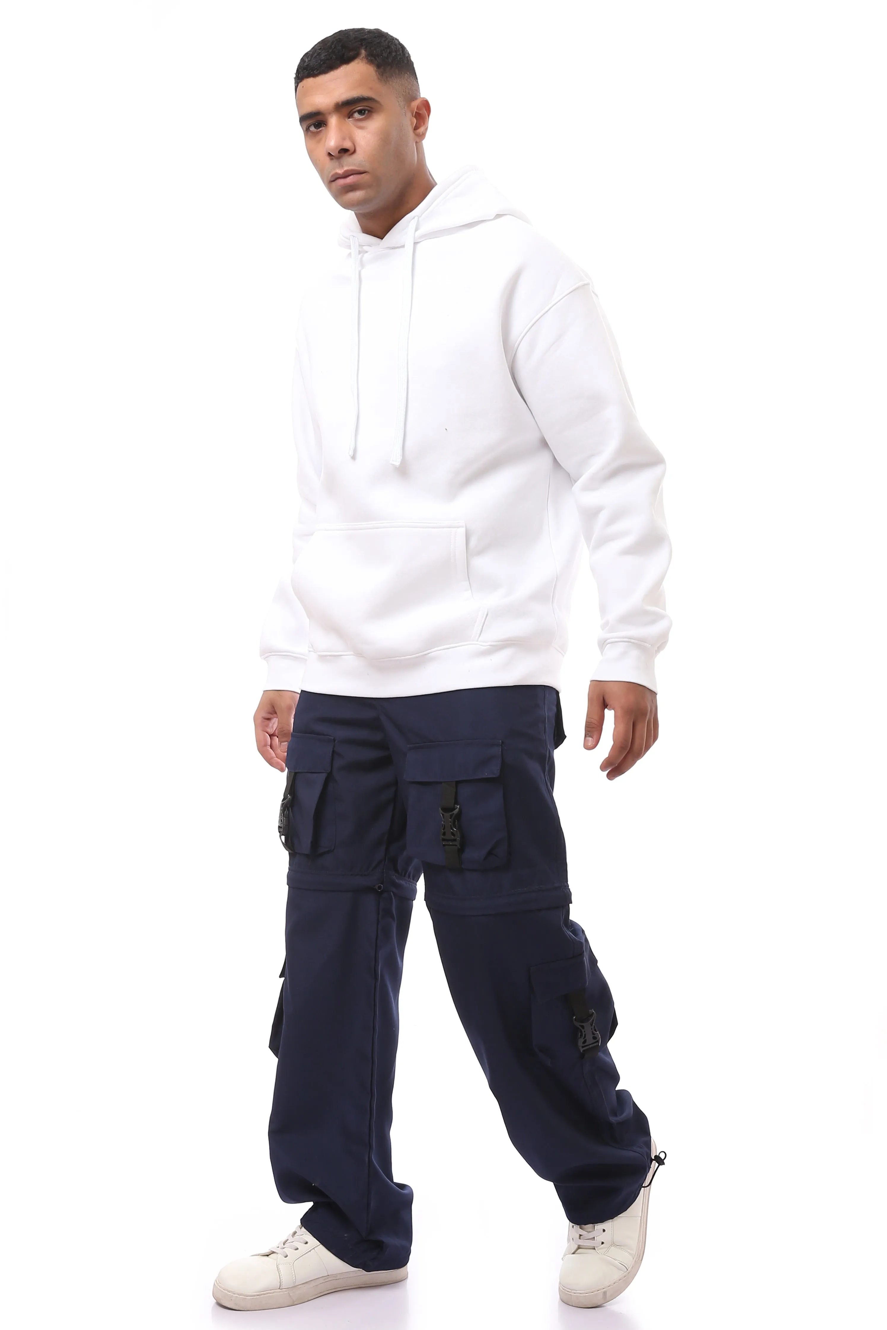 O175728 Wide Leg Navy Blue Cargo Pants With Elastic Waist