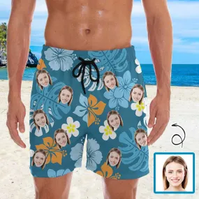 Personalized Swim Trunks Custom Face Blue Flowers Men's Quick Dry Swim Shorts Beach Swimsuit