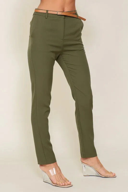 High Waist Straight Leg Slacks With Belt