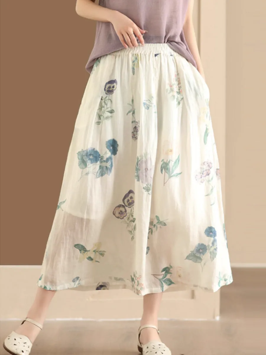 Women Artsy Summer Flower Ramie A-shape Skirt CO1025