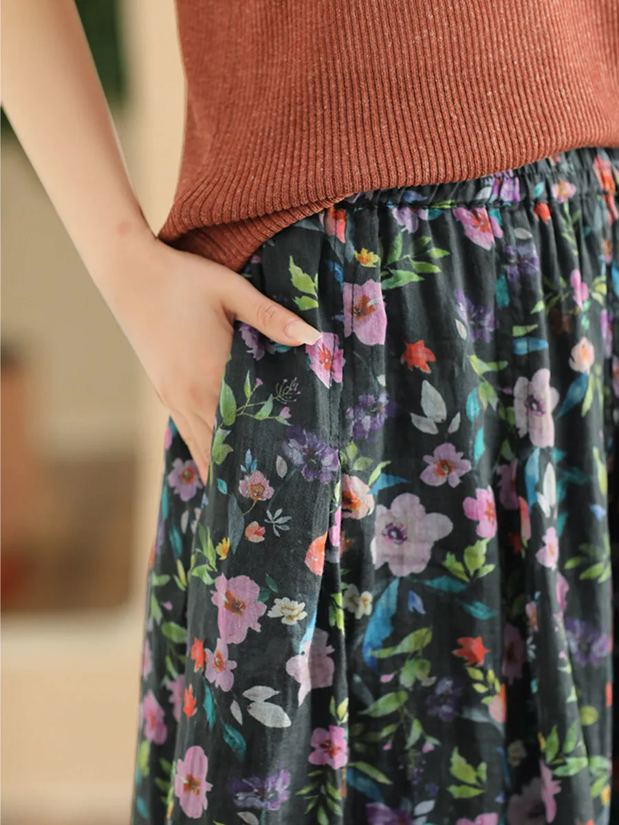 Women Artsy Summer Flower Ramie A-shape Skirt CO1025