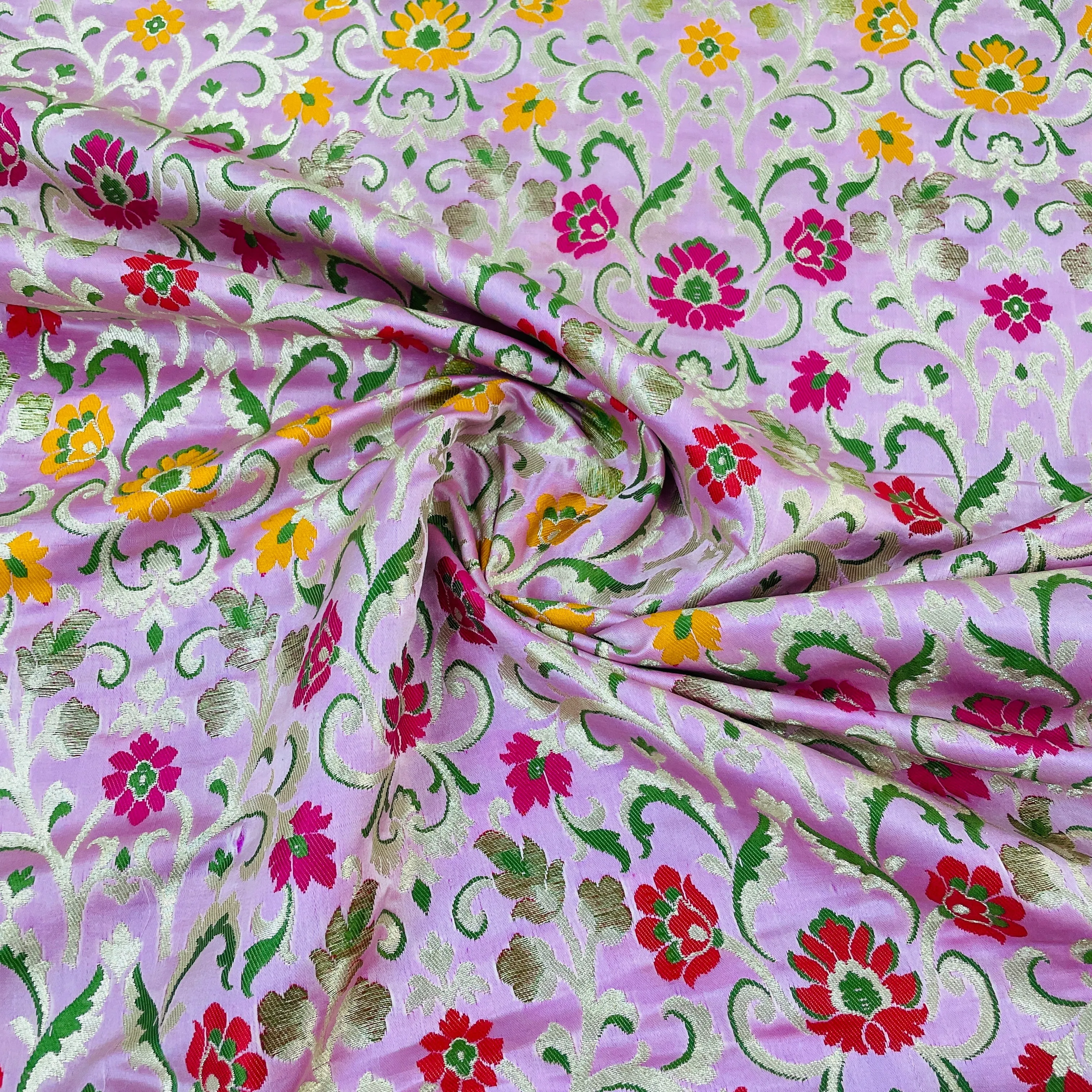 Premium Baby Pink Floral Zari Khimkhwab Banarasi Silk Fabric