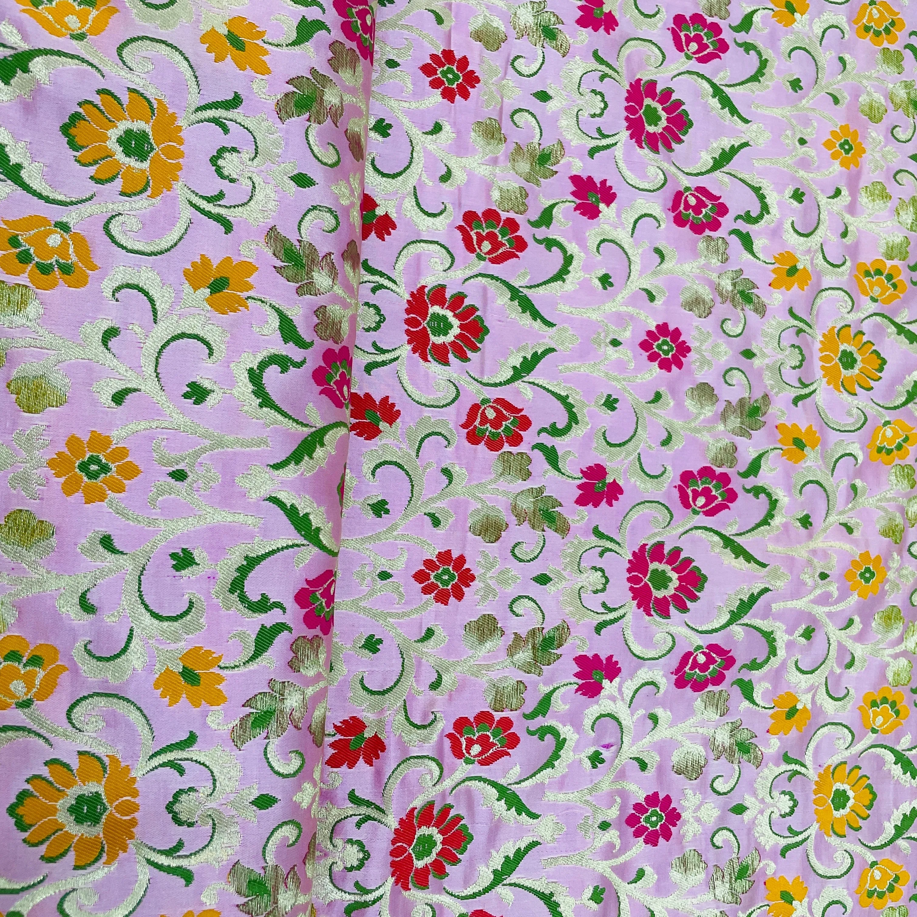 Premium Baby Pink Floral Zari Khimkhwab Banarasi Silk Fabric