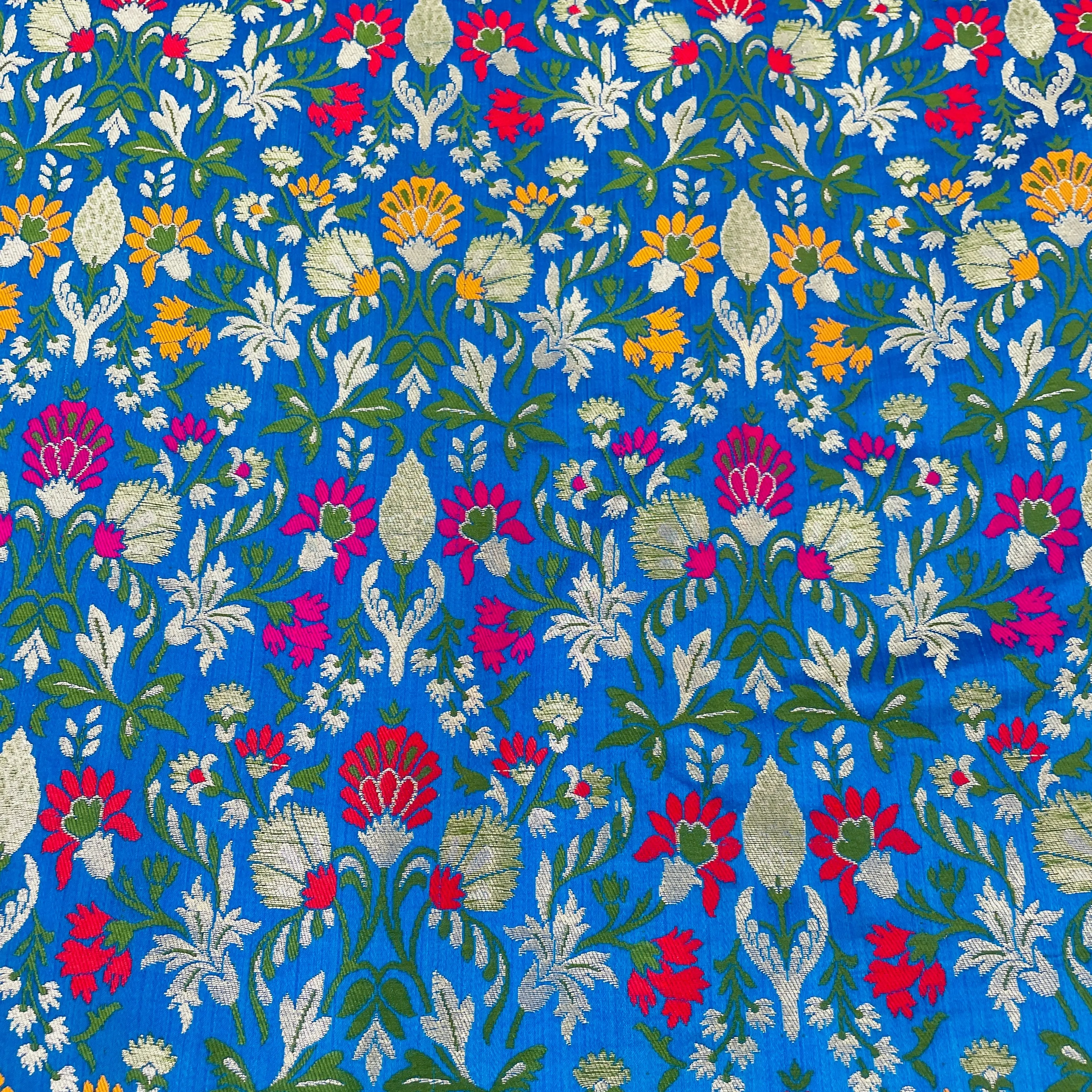 Premium Blue Floral Zari Khimkhwab Banarasi Silk Fabric