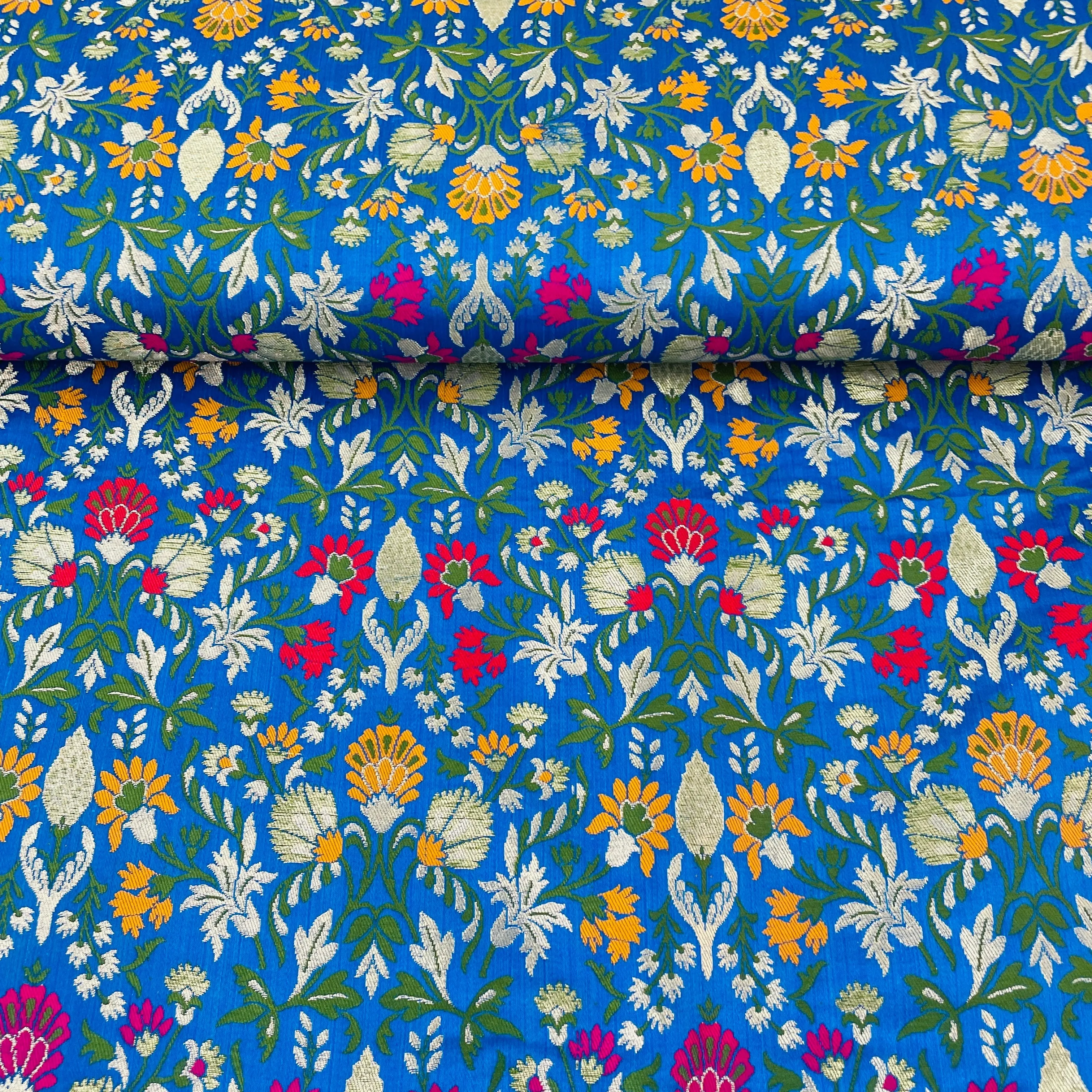 Premium Blue Floral Zari Khimkhwab Banarasi Silk Fabric