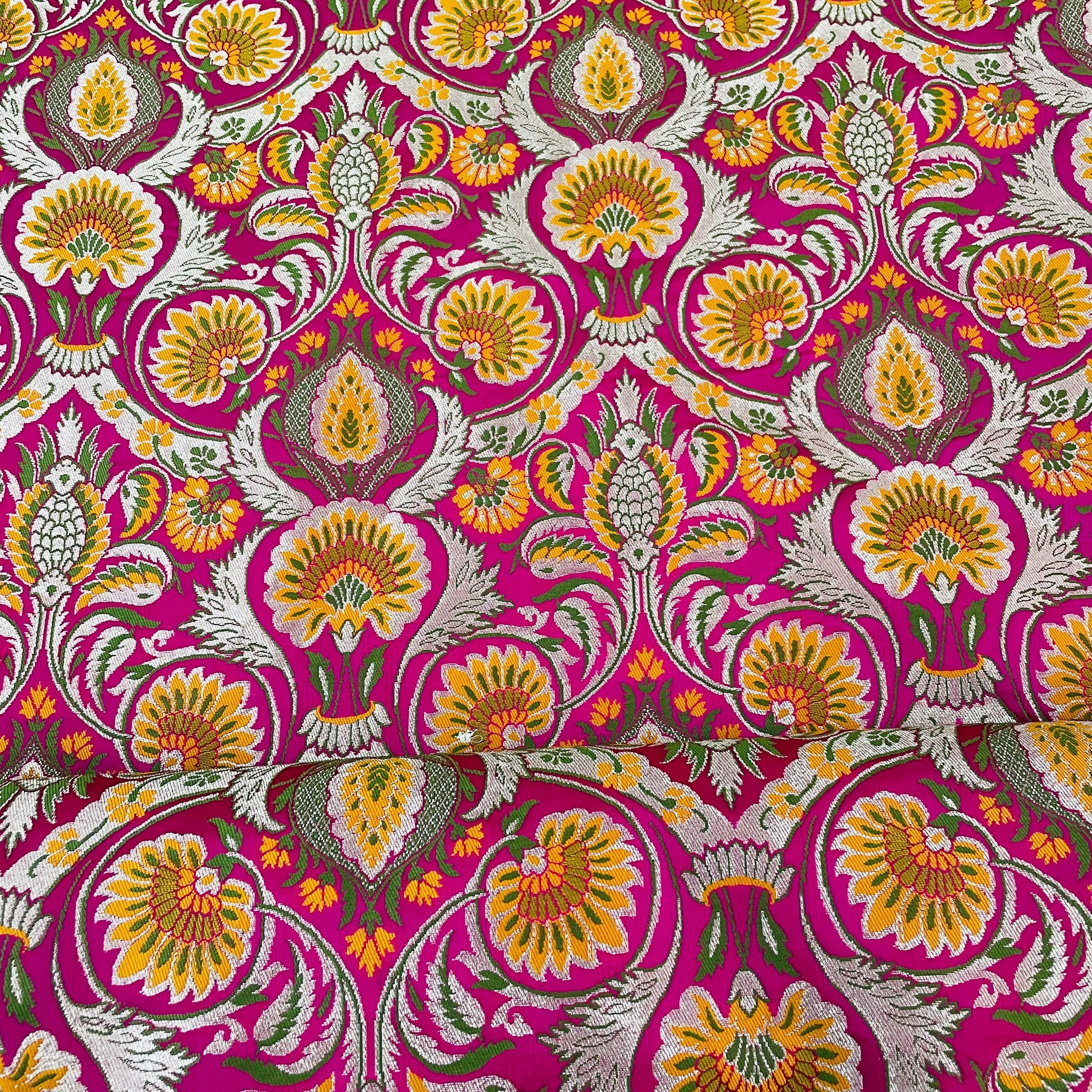 Premium Magenta Pink Floral Zari Khimkhwab Banarasi Silk Fabric