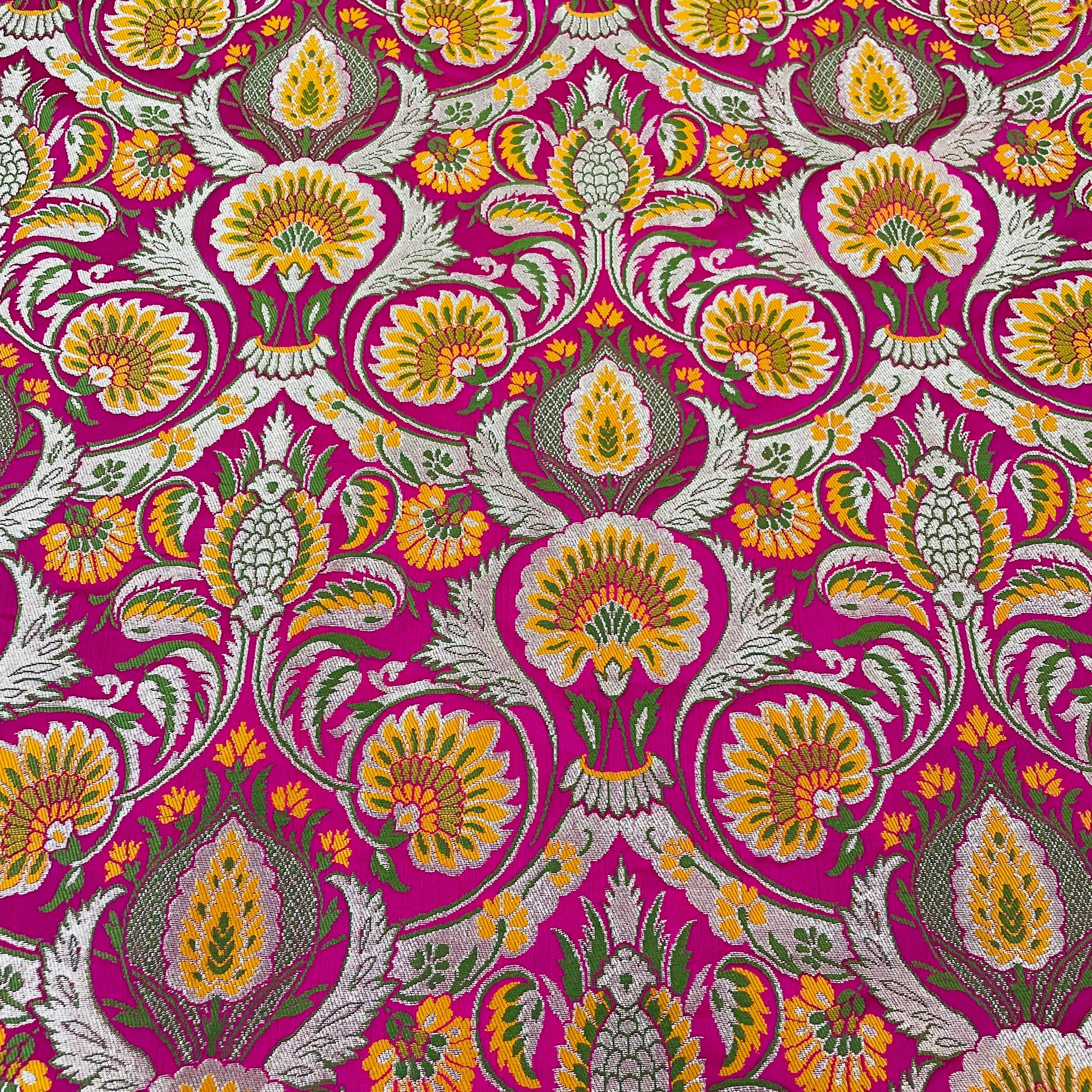 Premium Magenta Pink Floral Zari Khimkhwab Banarasi Silk Fabric